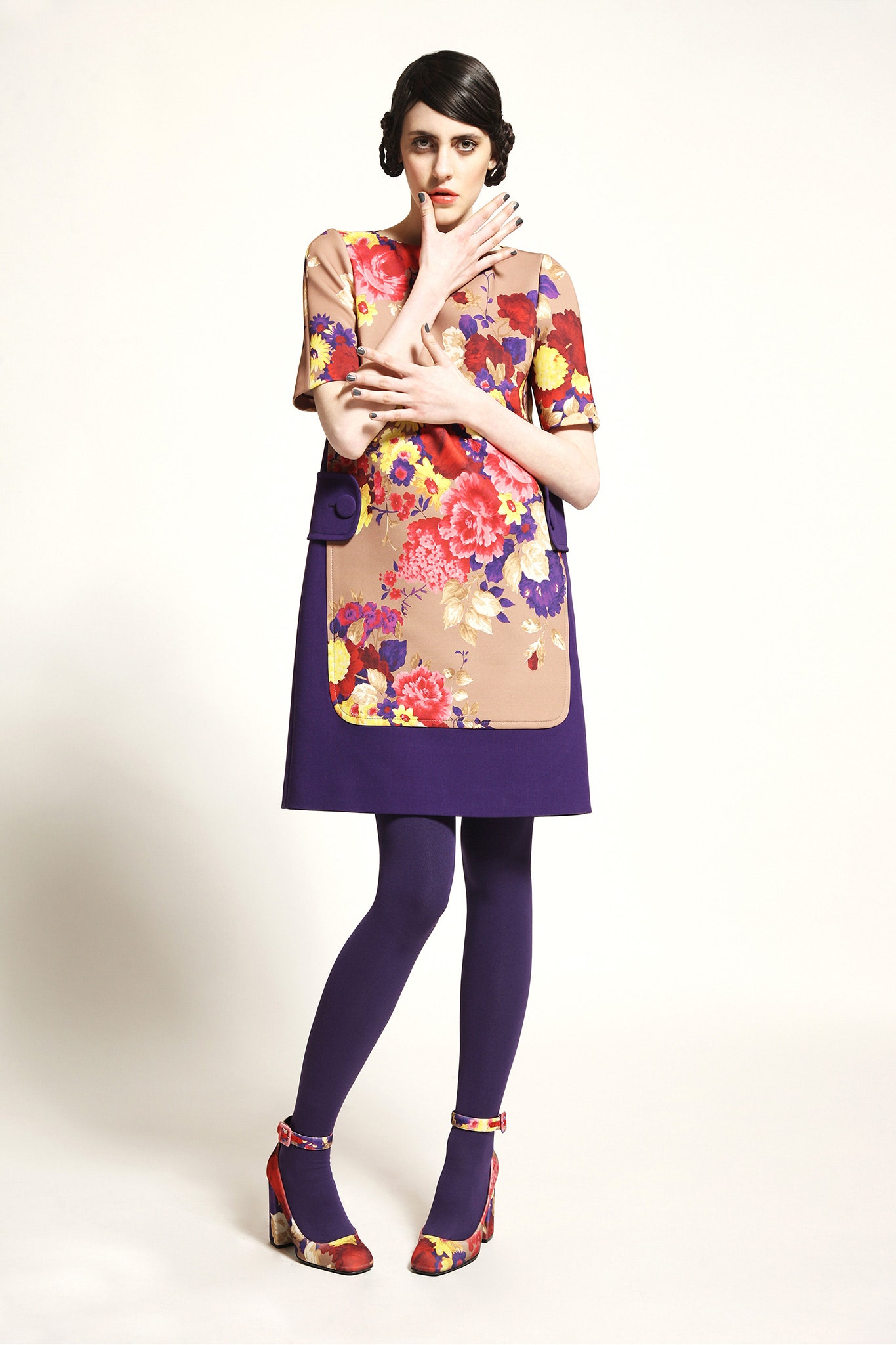 floral mini dress with purple tights