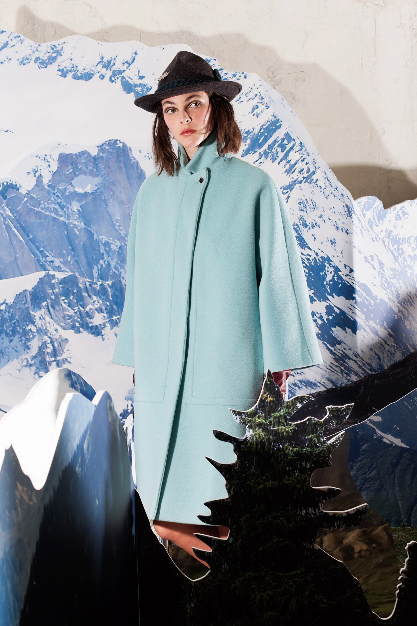 blue wool relaxed coat with black hat