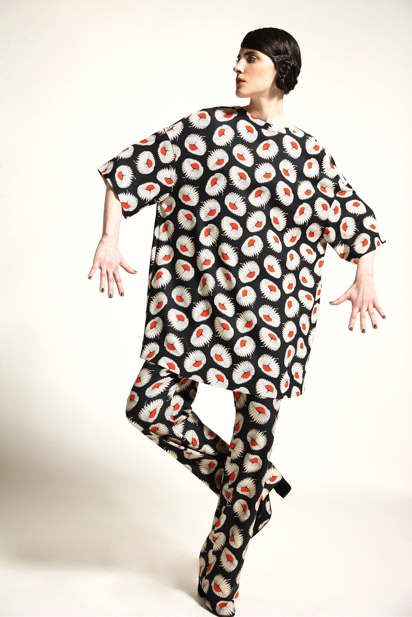 oversized printed top and flared pants