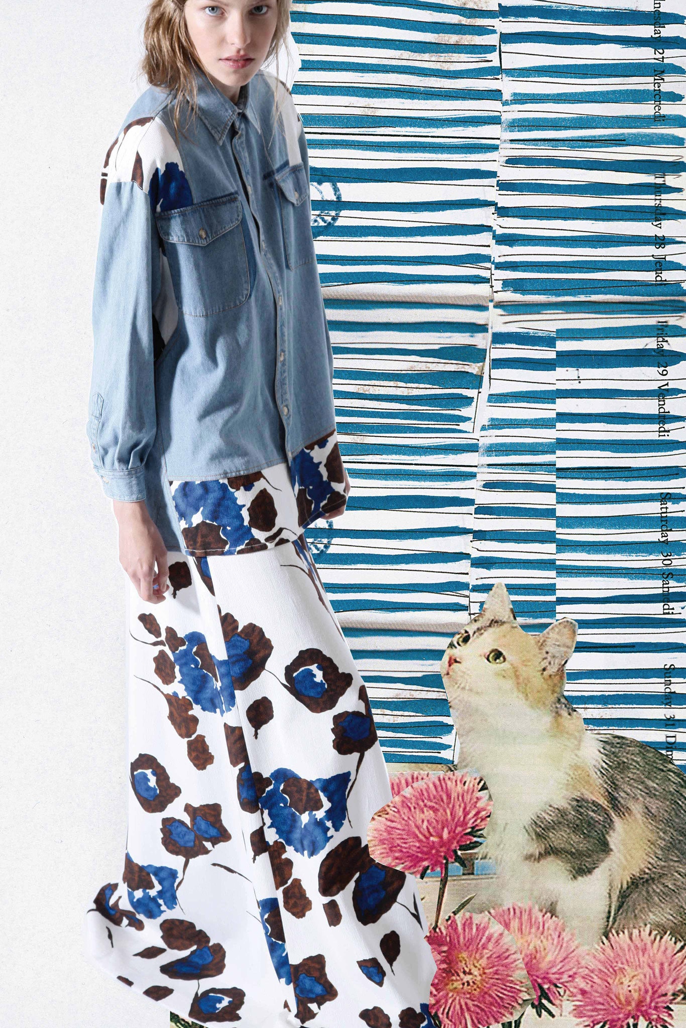 blue denim shirt with floral maxi skirt