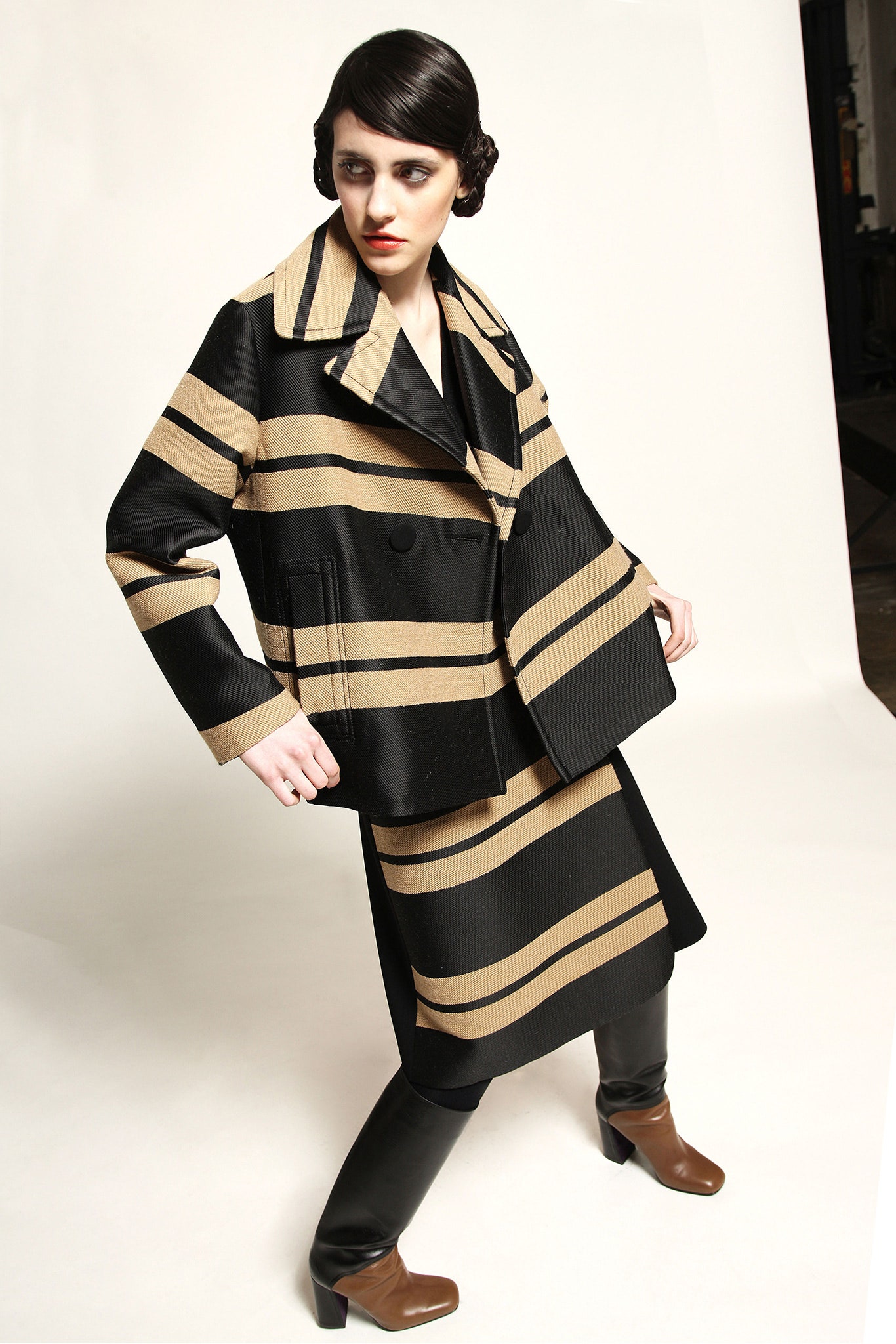 striped black and beige jacket and skirt