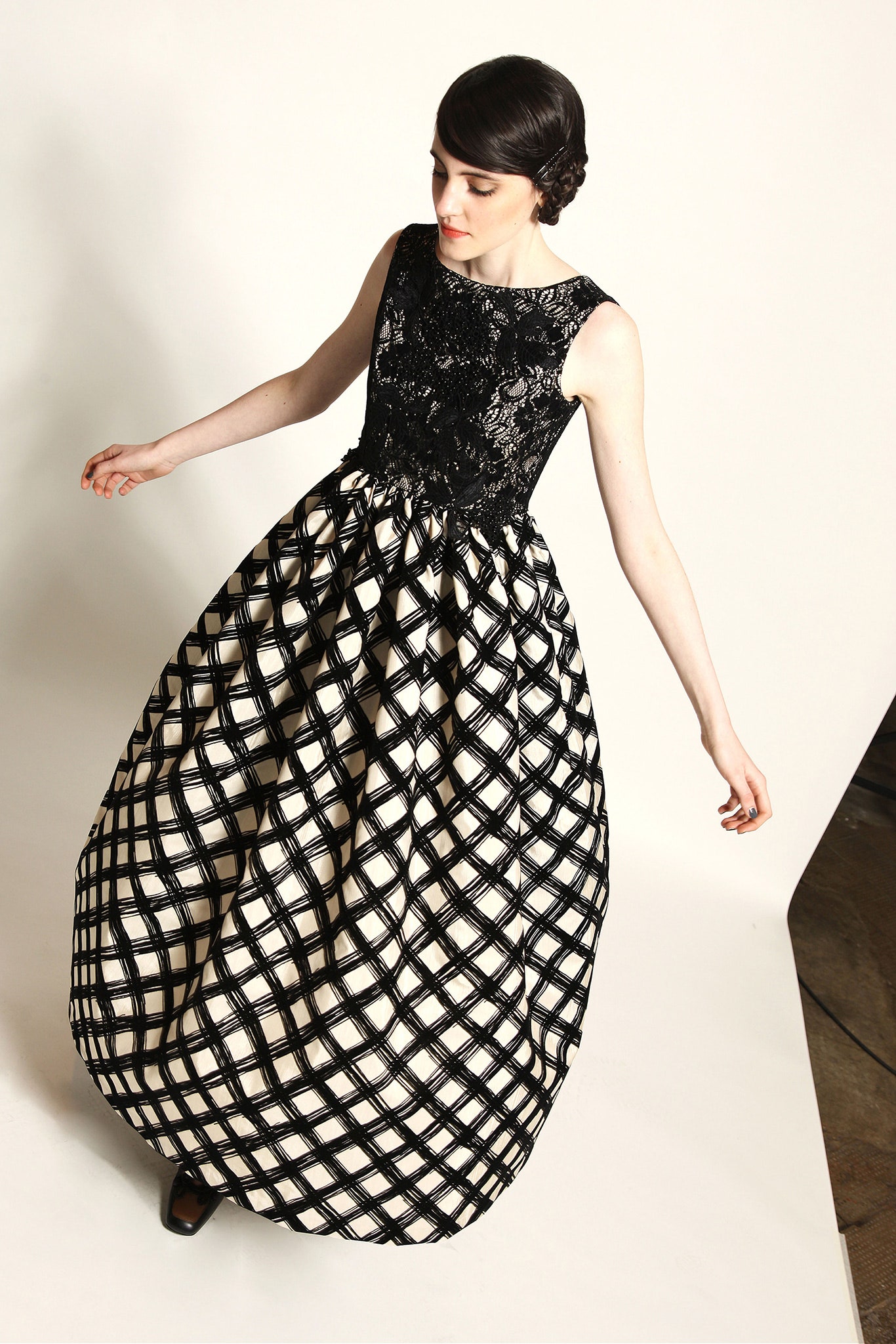 black and white pleated gown