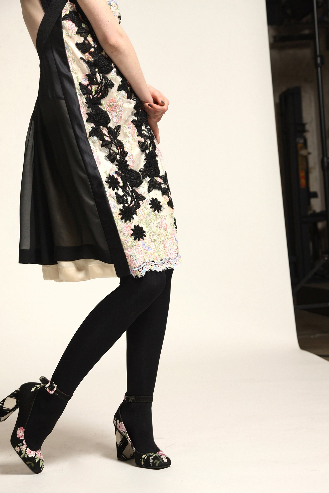 black and beige embroidered midi dress