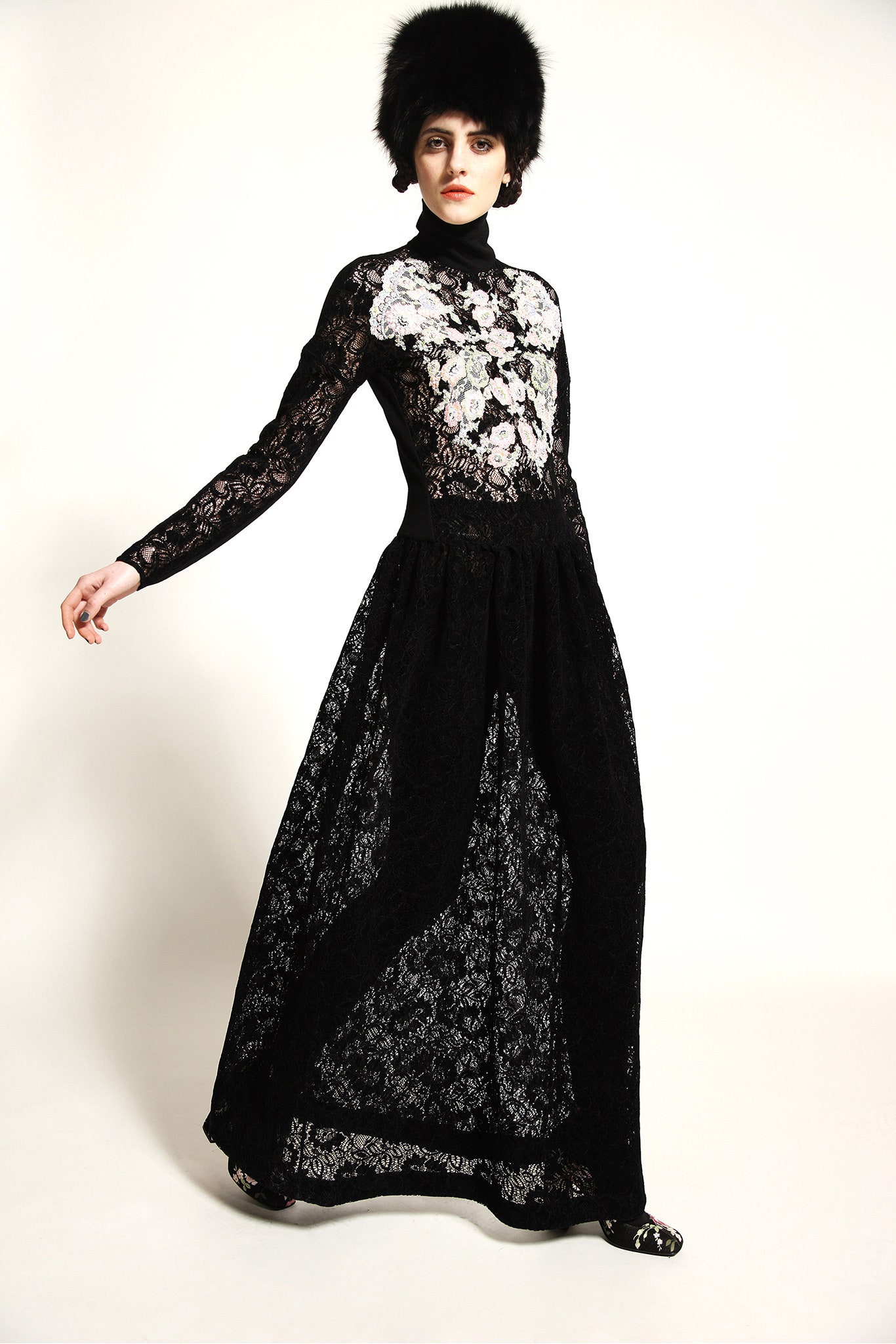black lace long-sleeve gown