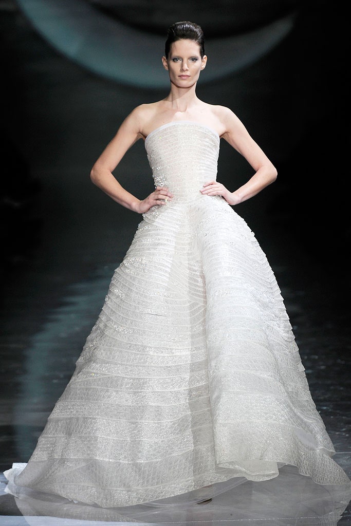 white silk strapless gown