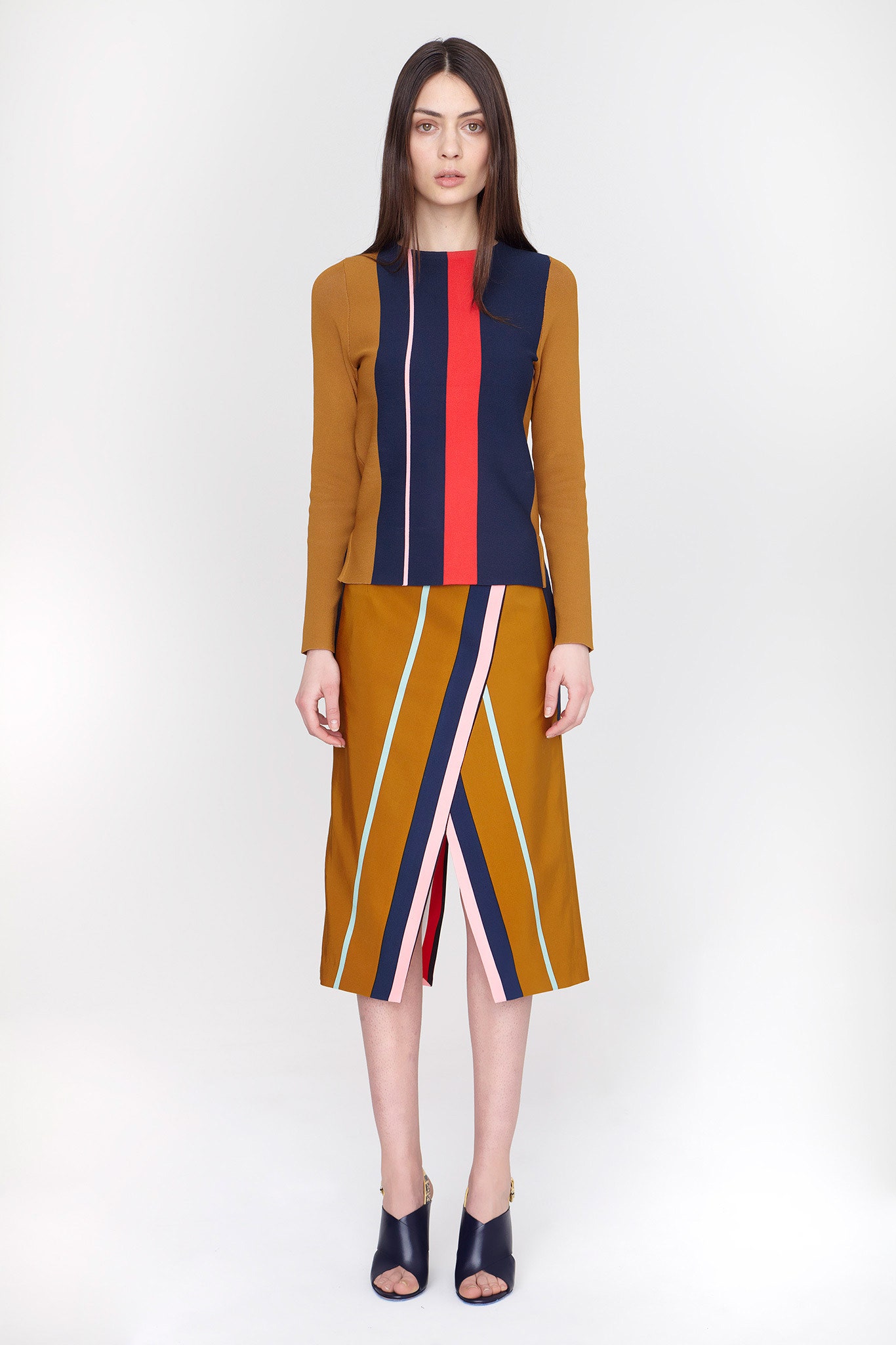 yellow cotton slit fitted pencil midi skirt