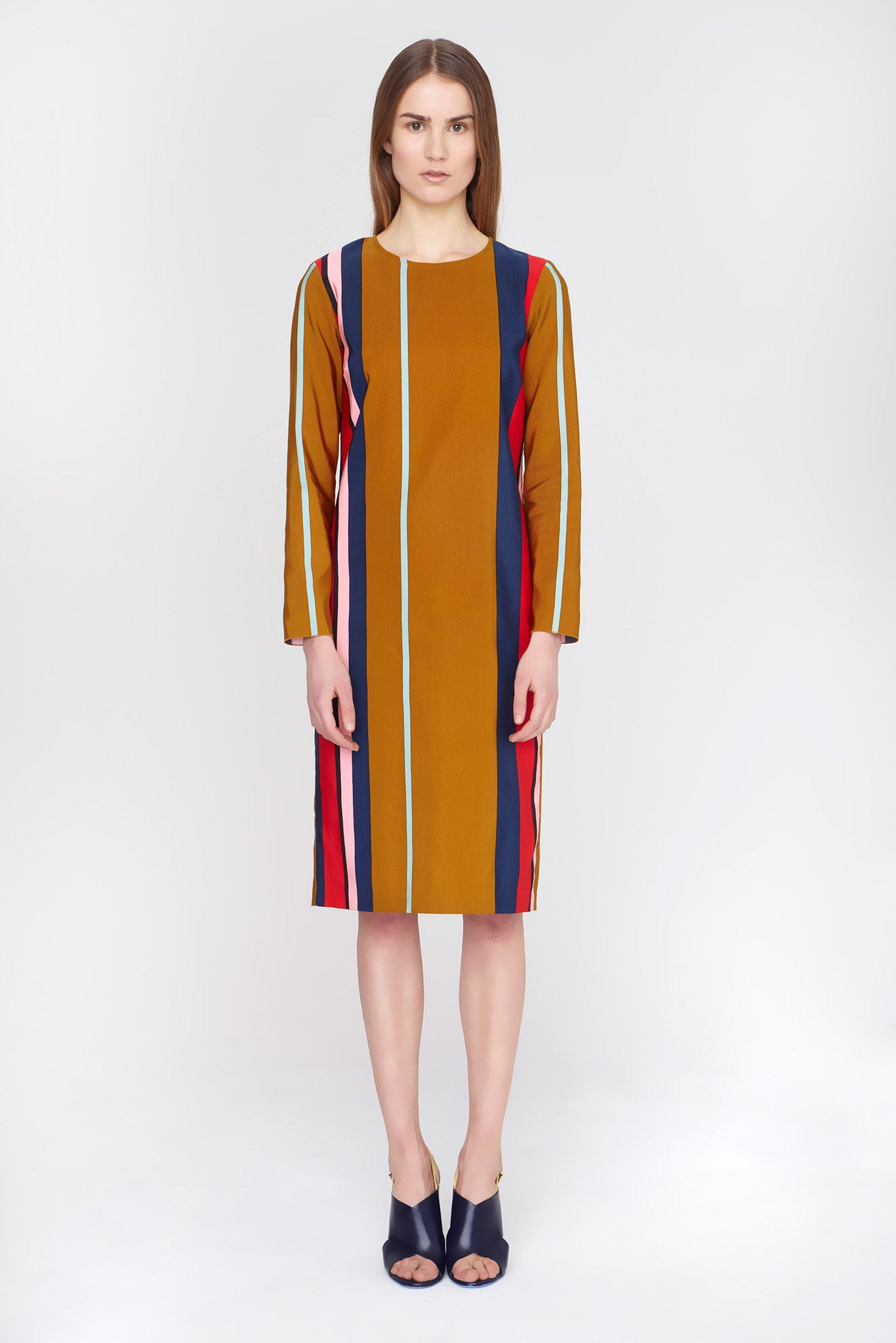 striped midi dress with open-toe shoes