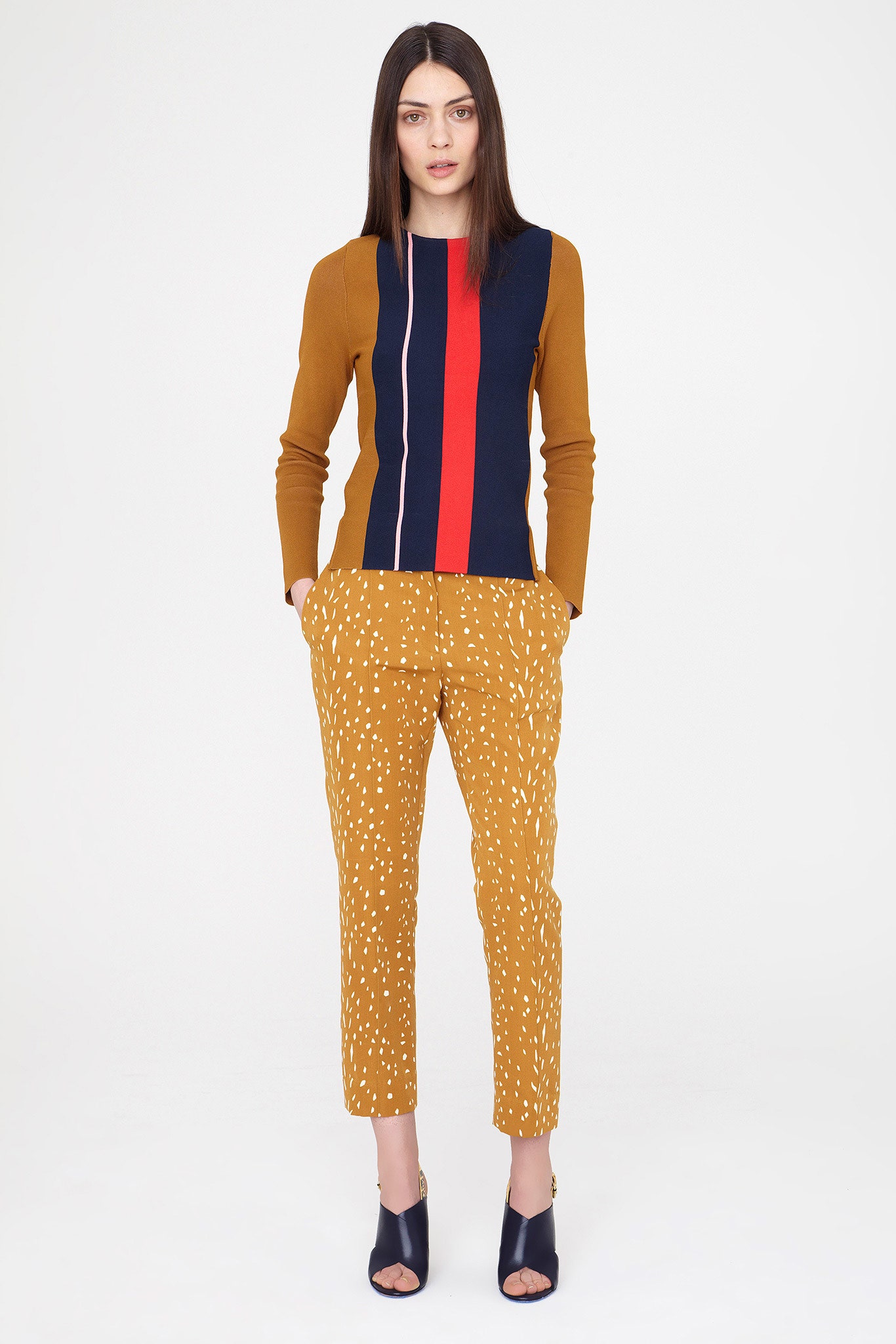 blue long-sleeve collared fitted color-blocked top