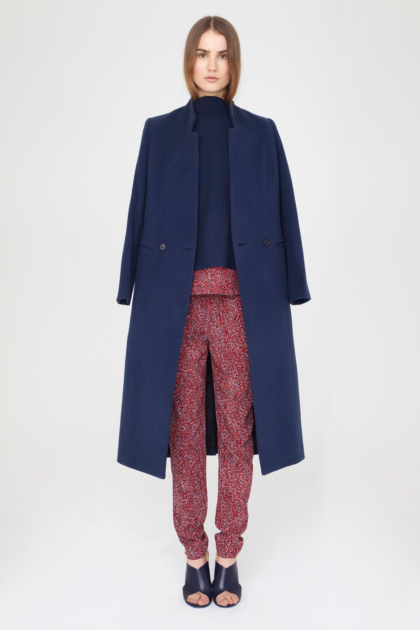 blue long-sleeve collared relaxed buttoned coat
