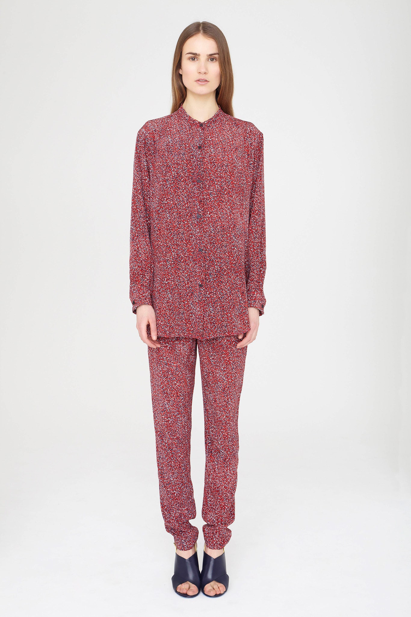 red silk long-sleeve collared relaxed printed shirt