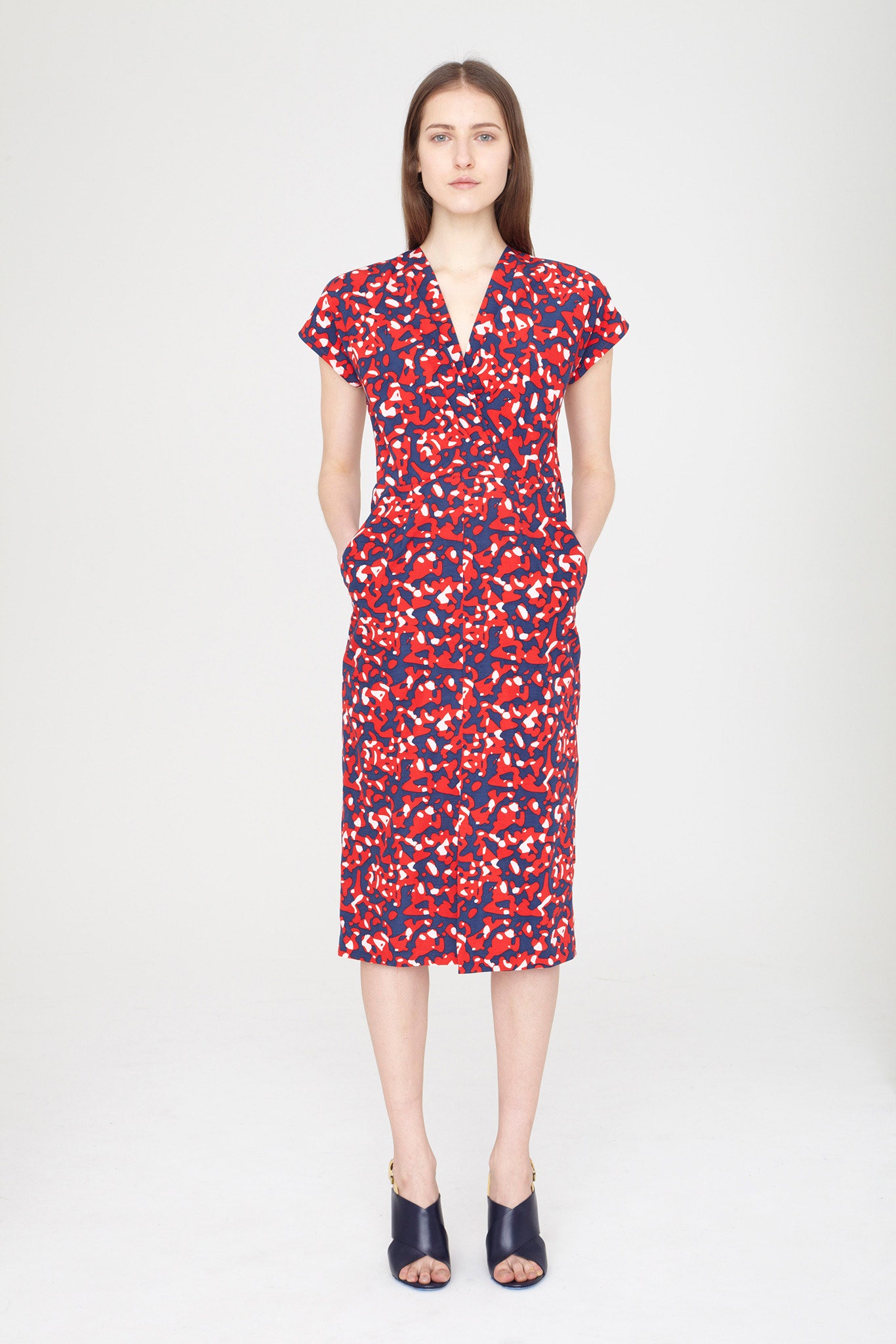 red blue white printed midi dress