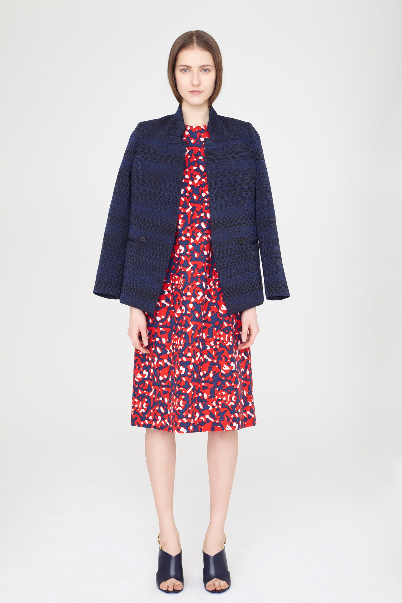 red cotton sleeveless collared fitted flared midi dress
