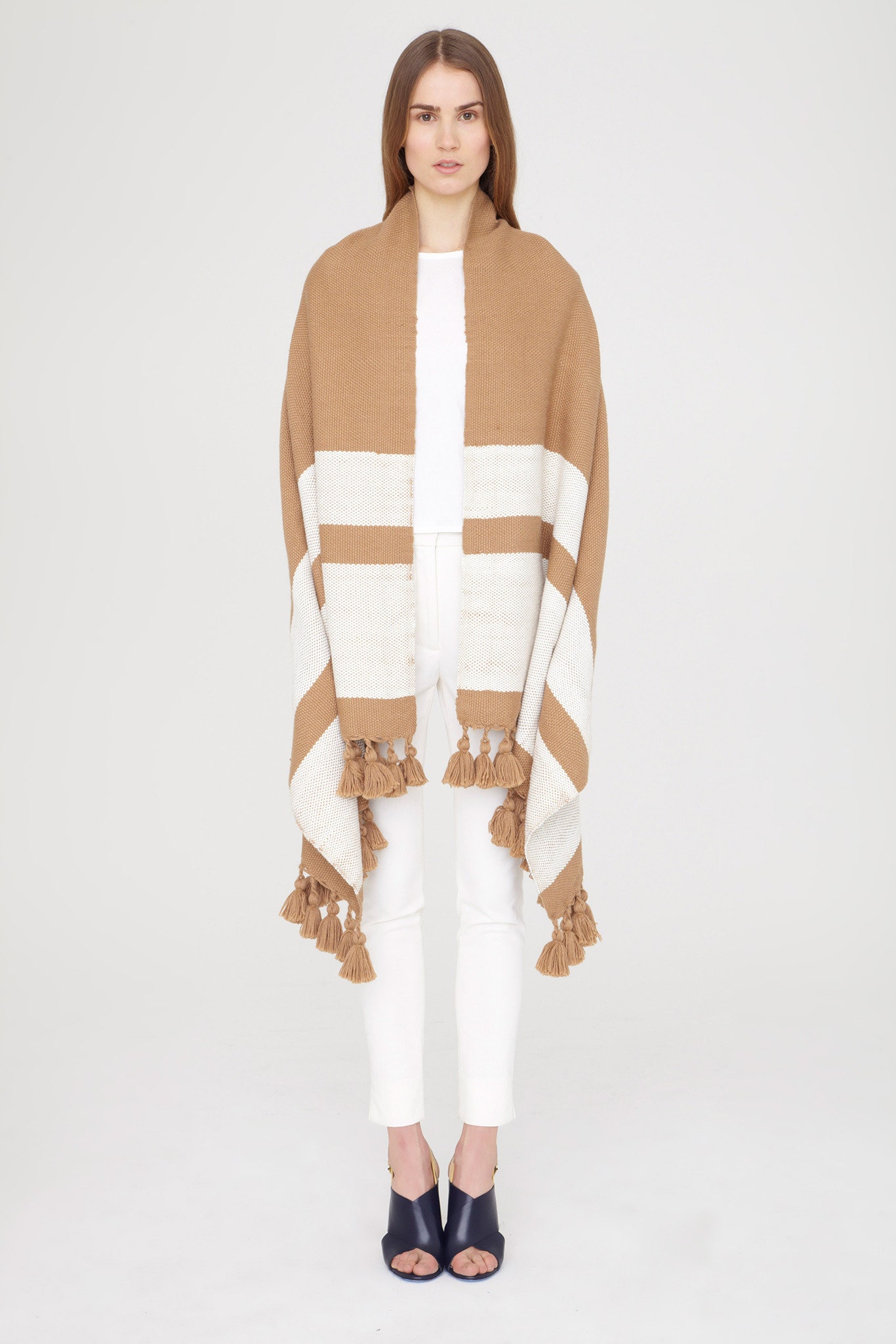 brown cotton relaxed striped fringed poncho