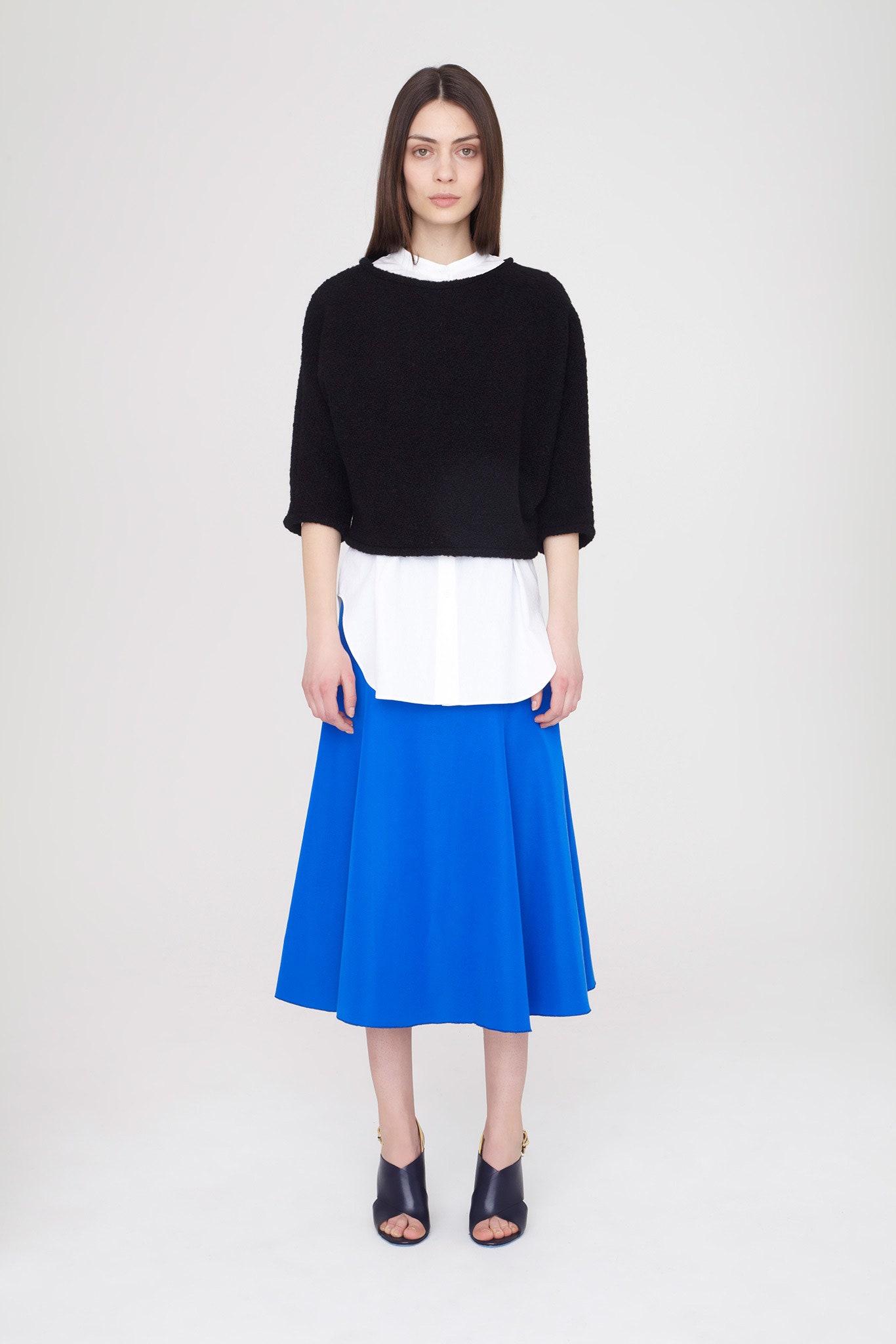 blue silk fitted flared midi skirt