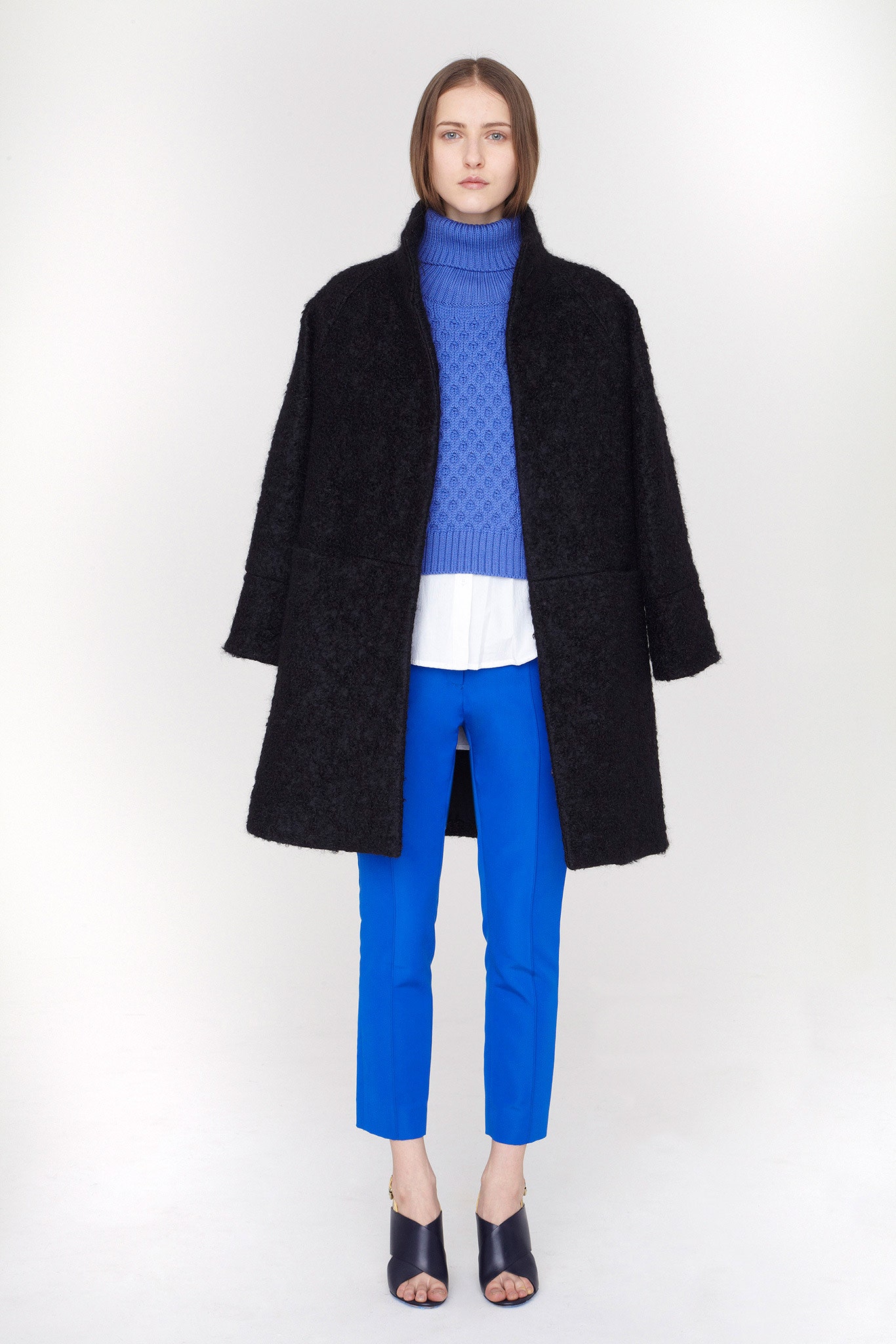 black wool long-sleeve relaxed structured coat