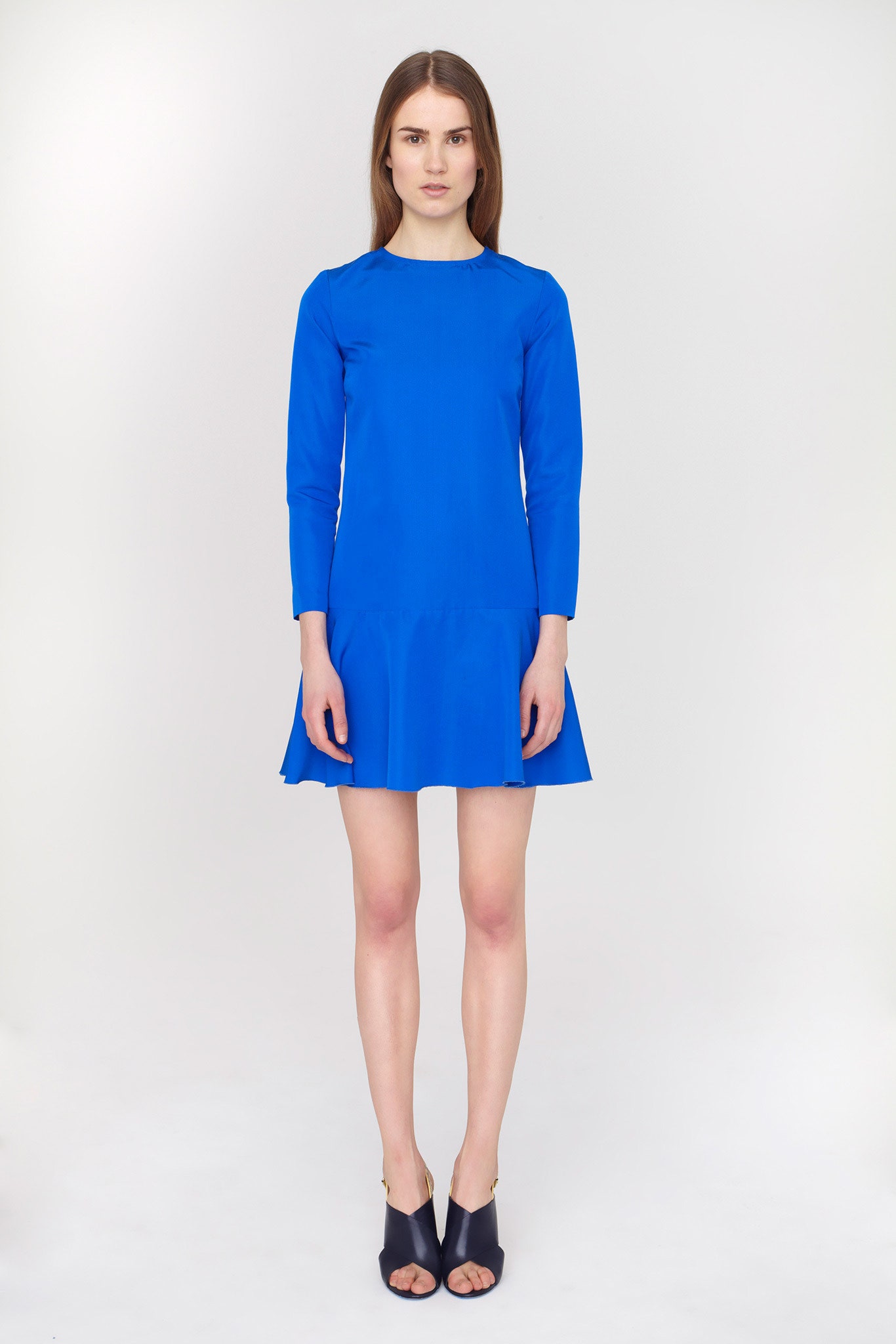 blue silk long-sleeve dress