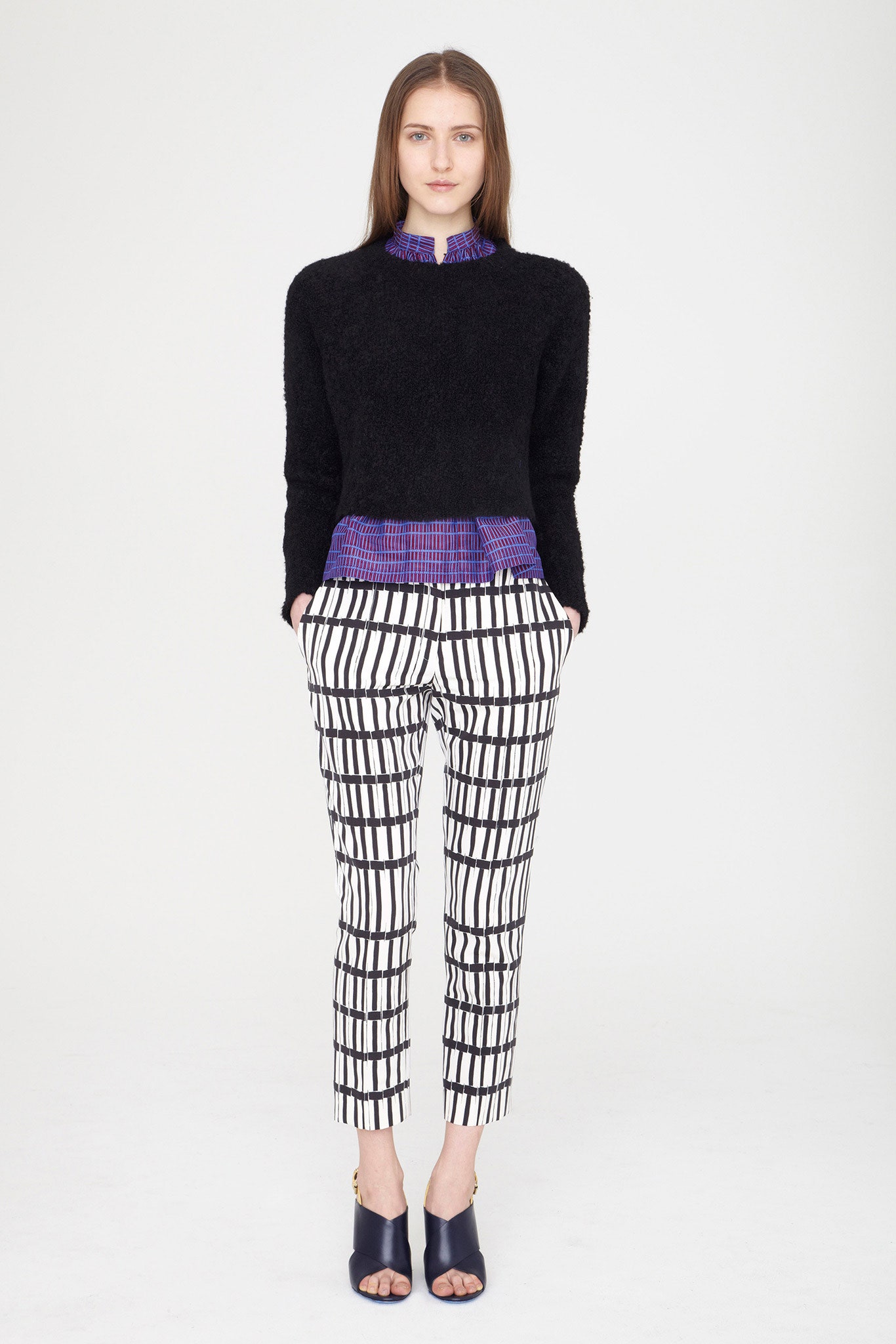 black wool long-sleeve collared fitted layered sweater