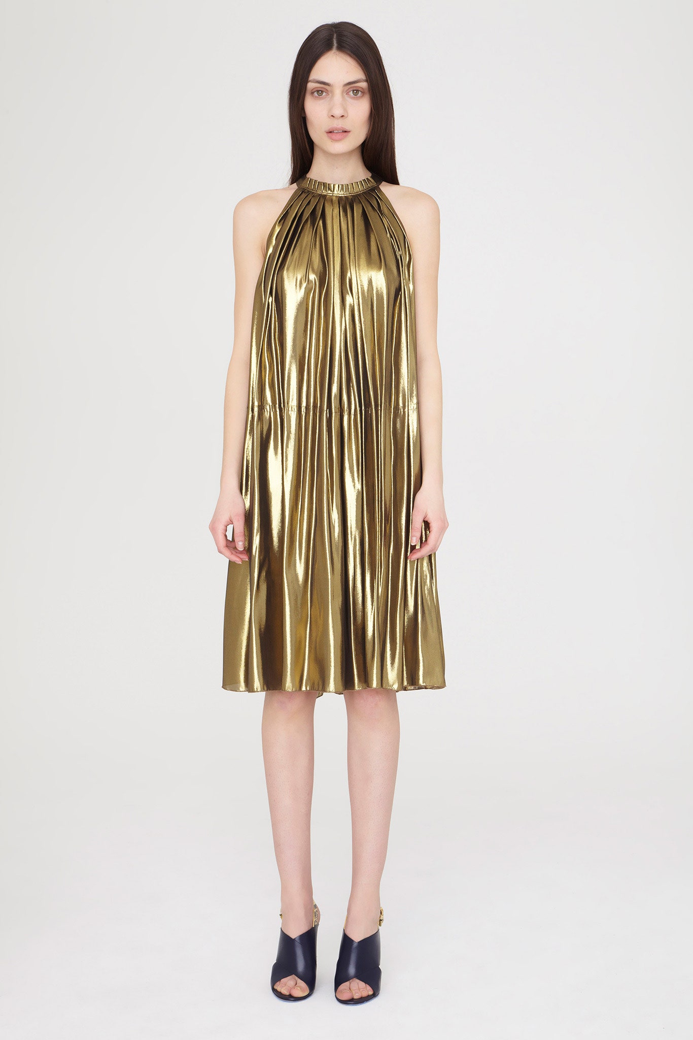 gold silk sleeveless high-neck fitted pleated shiny dress