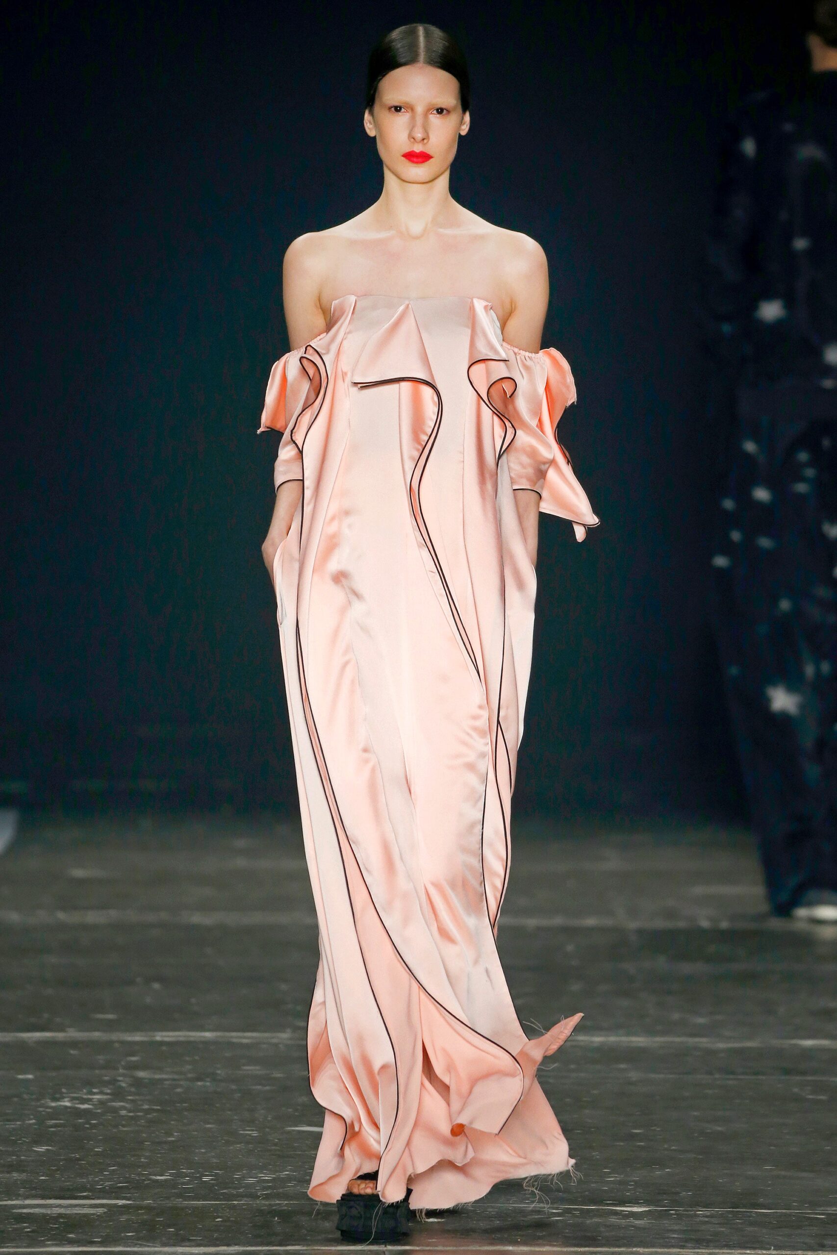 pink silk off-shoulder gown