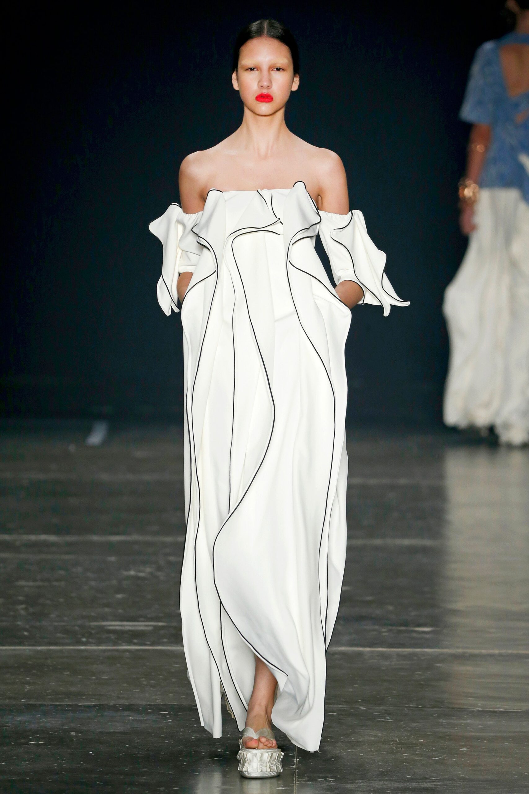 white silk off-shoulder gown
