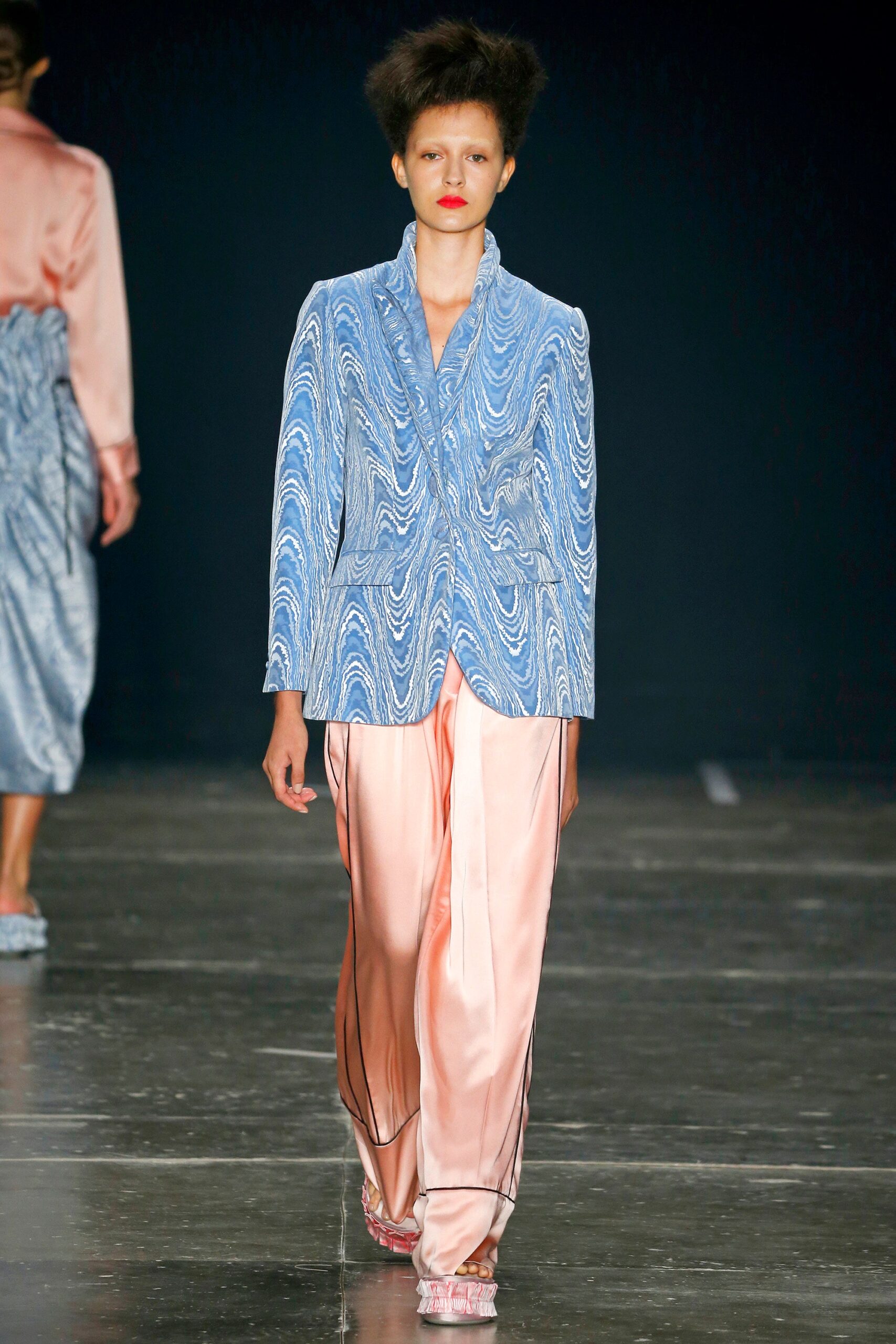 blue silk tailored blazer and pink pants