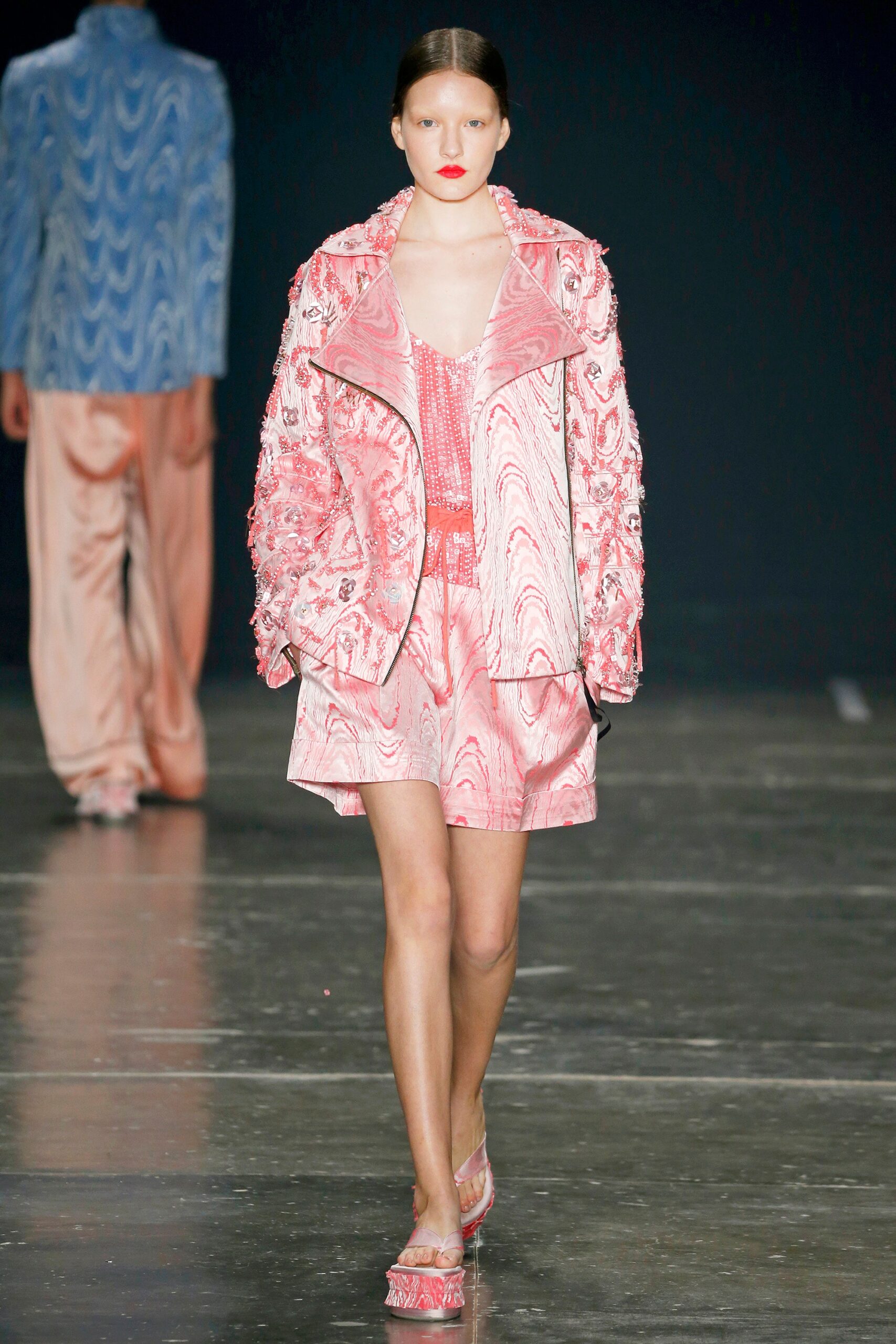 pink silk long-sleeve collared fitted embroidered zippered jacket