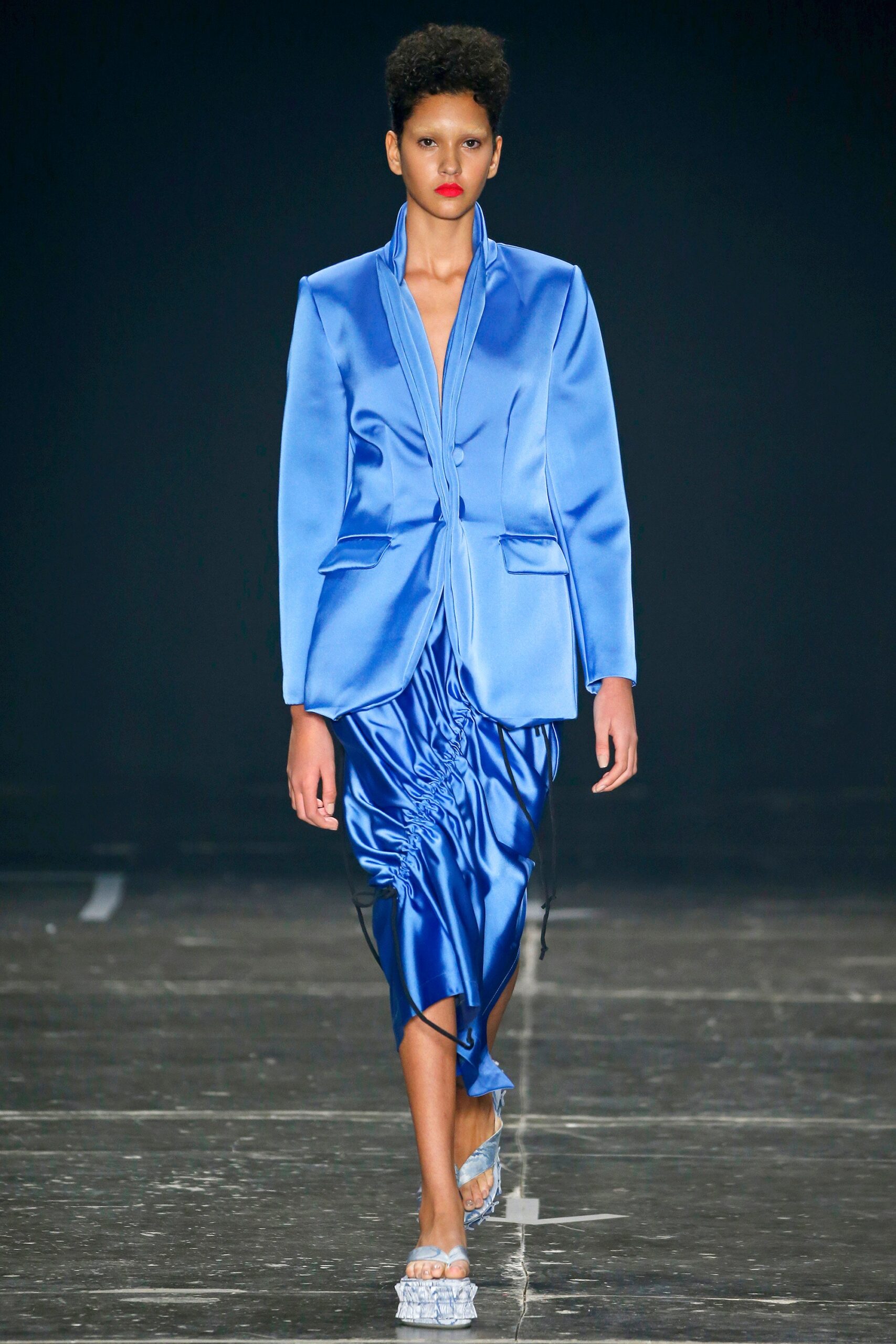 blue satin long-sleeve v-neck structured buttoned blazer