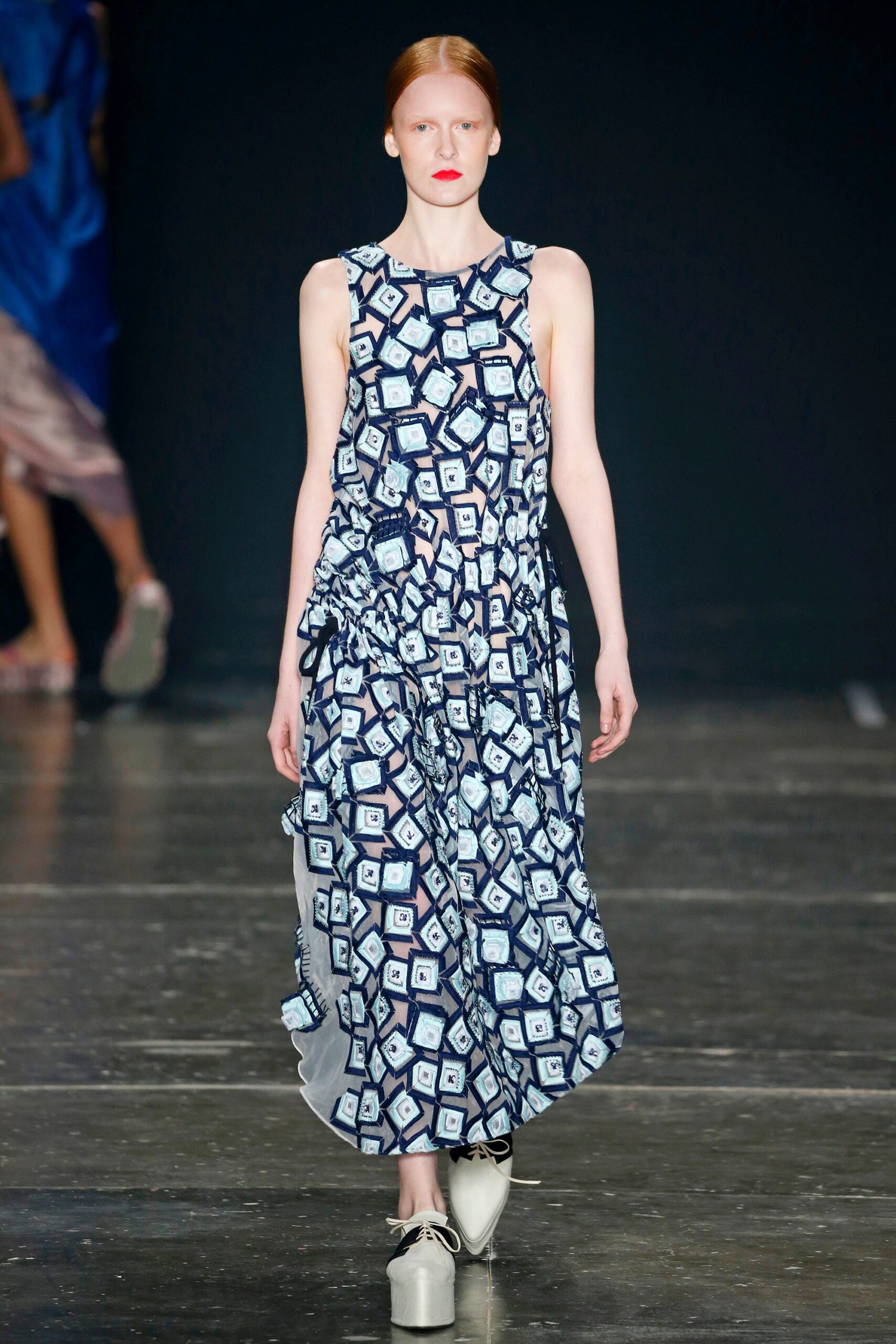 blue and white printed midi dress