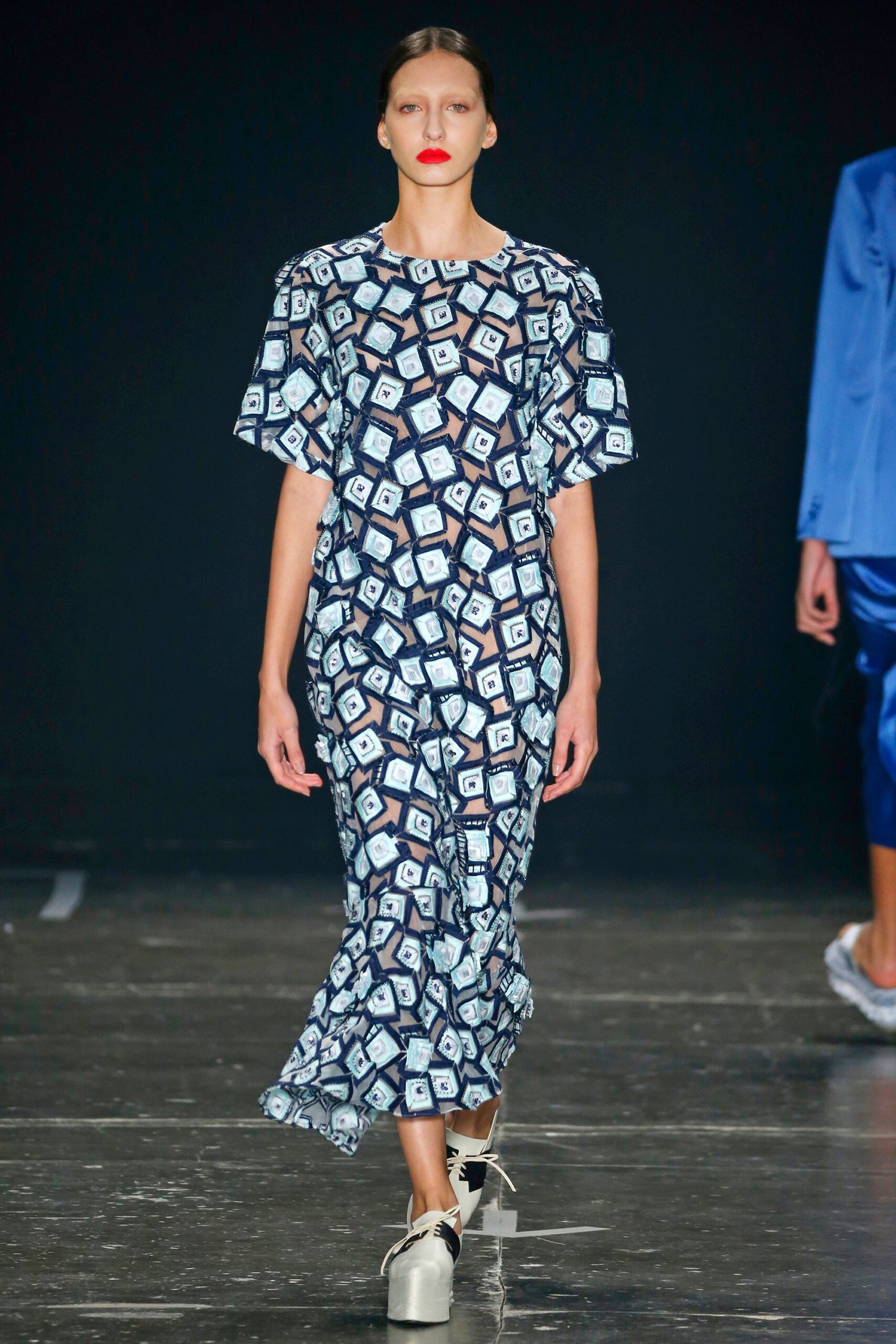 blue and white printed midi dress