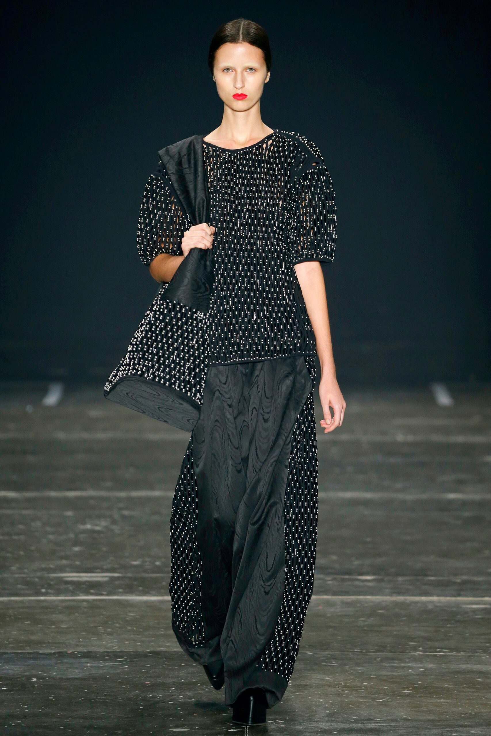 black silk short-sleeve collared relaxed pleated embroidered top