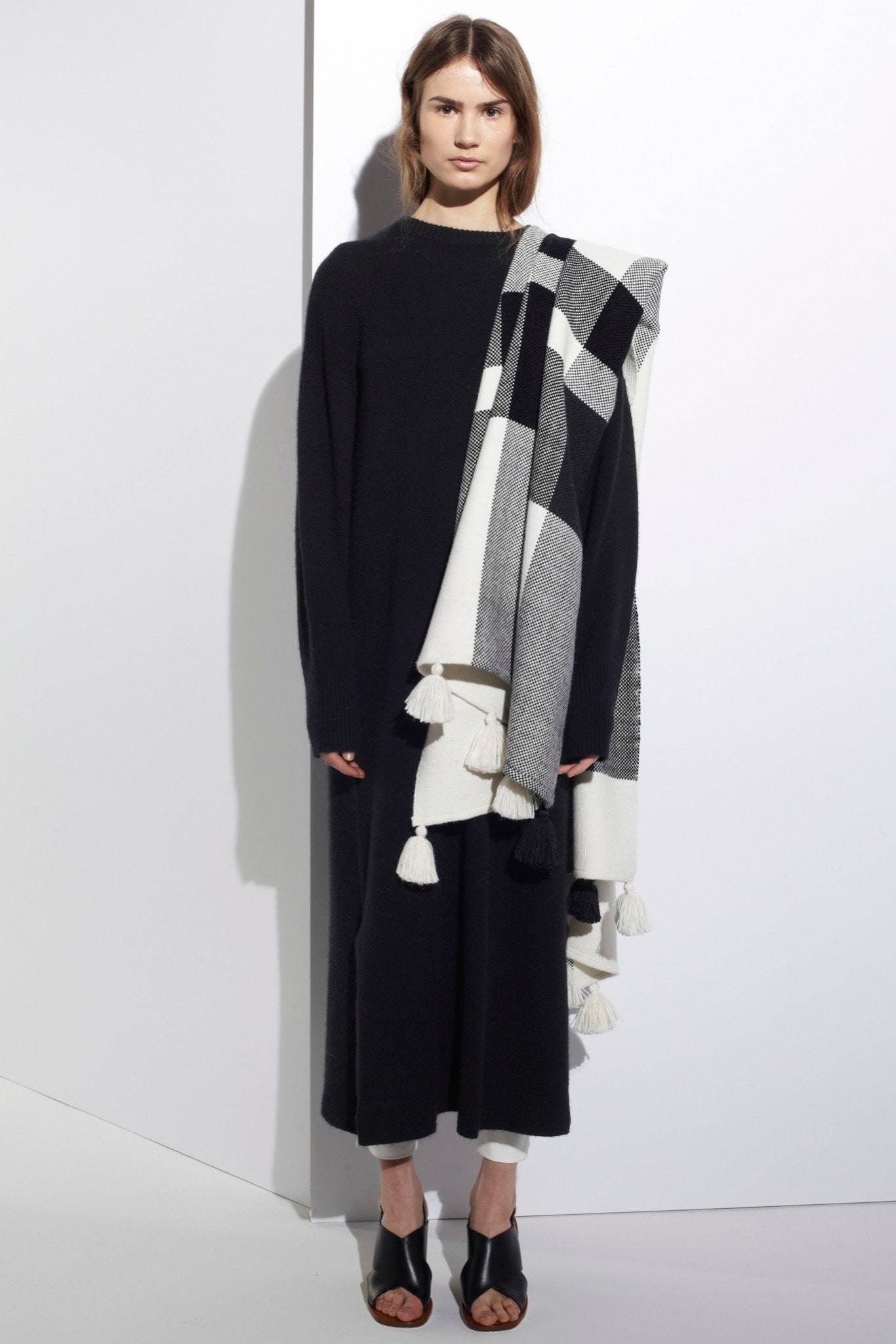 black wool long-sleeve high-neck relaxed straight-leg maxi dress