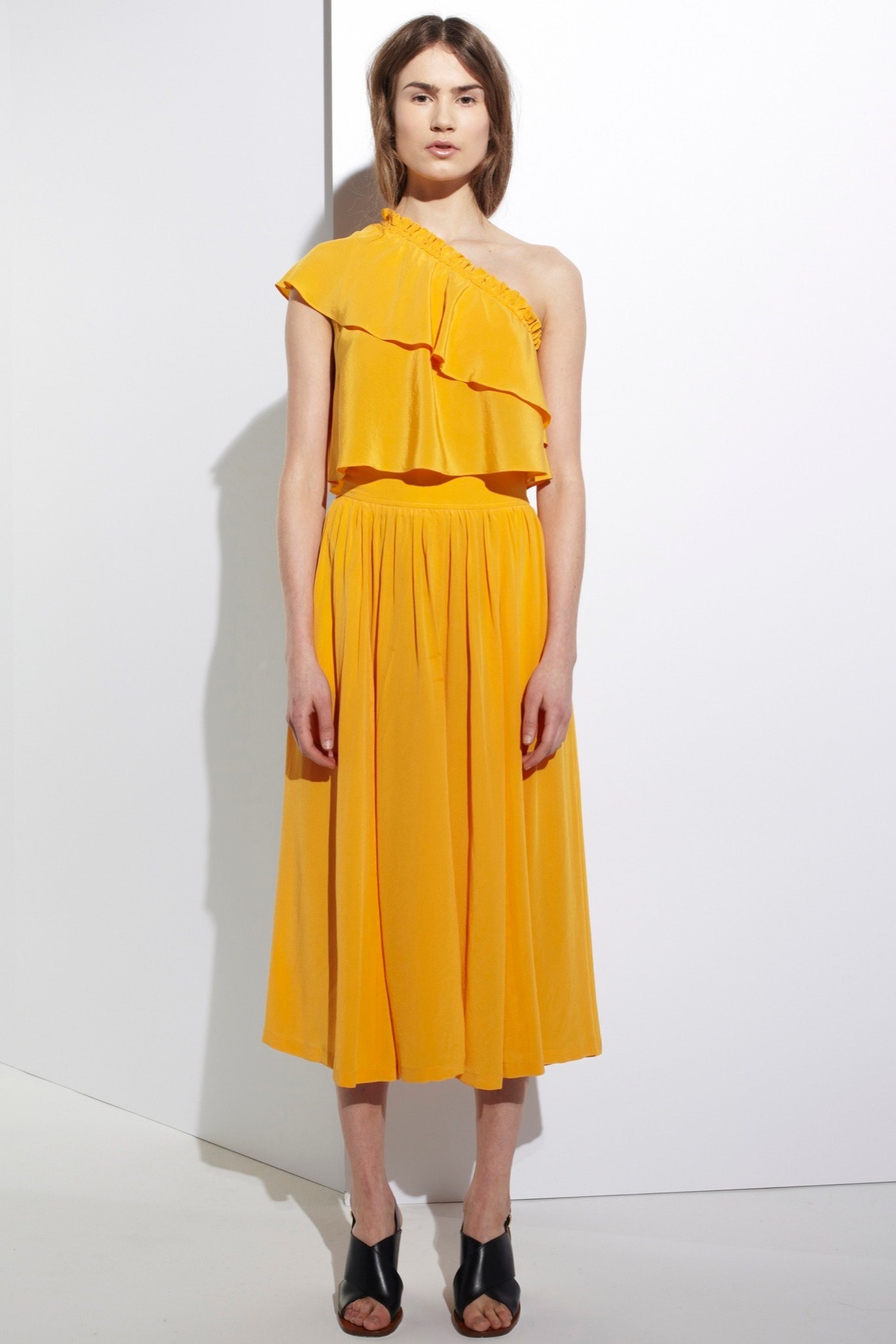 yellow chiffon sleeveless off-shoulder fitted ruffled top