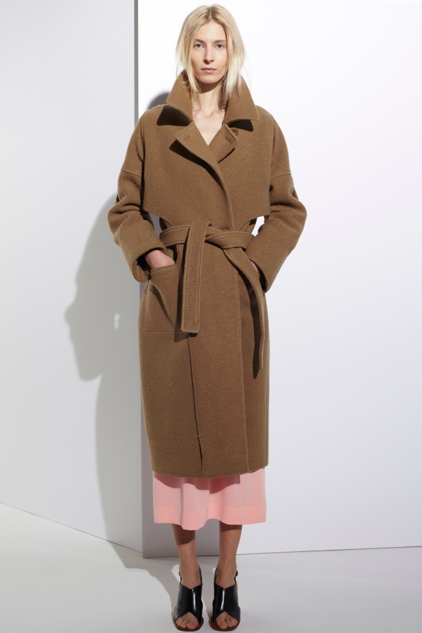 brown wool coat with pink dress
