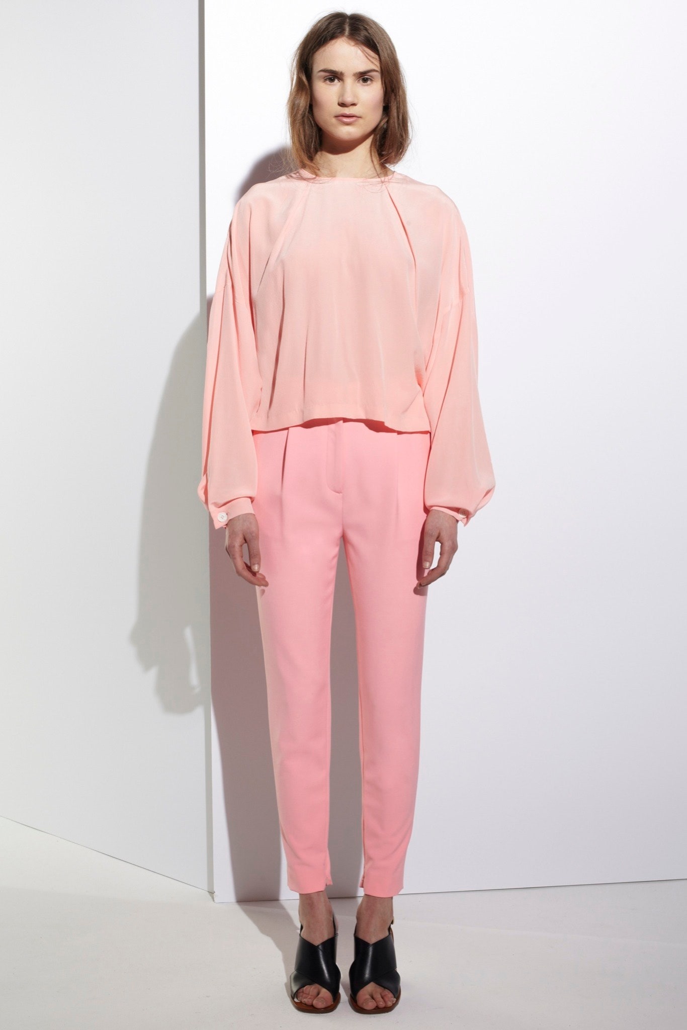 pink silk relaxed top and fitted pants