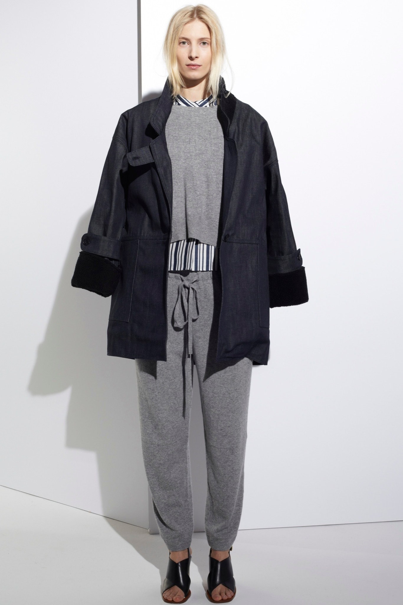 black denim long-sleeve collared relaxed buttoned coat