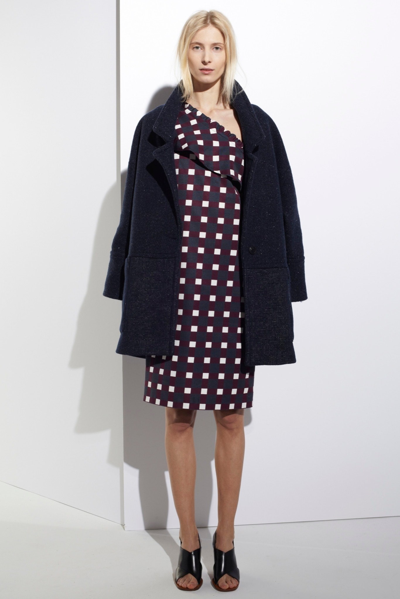 navy wool coat with printed dress