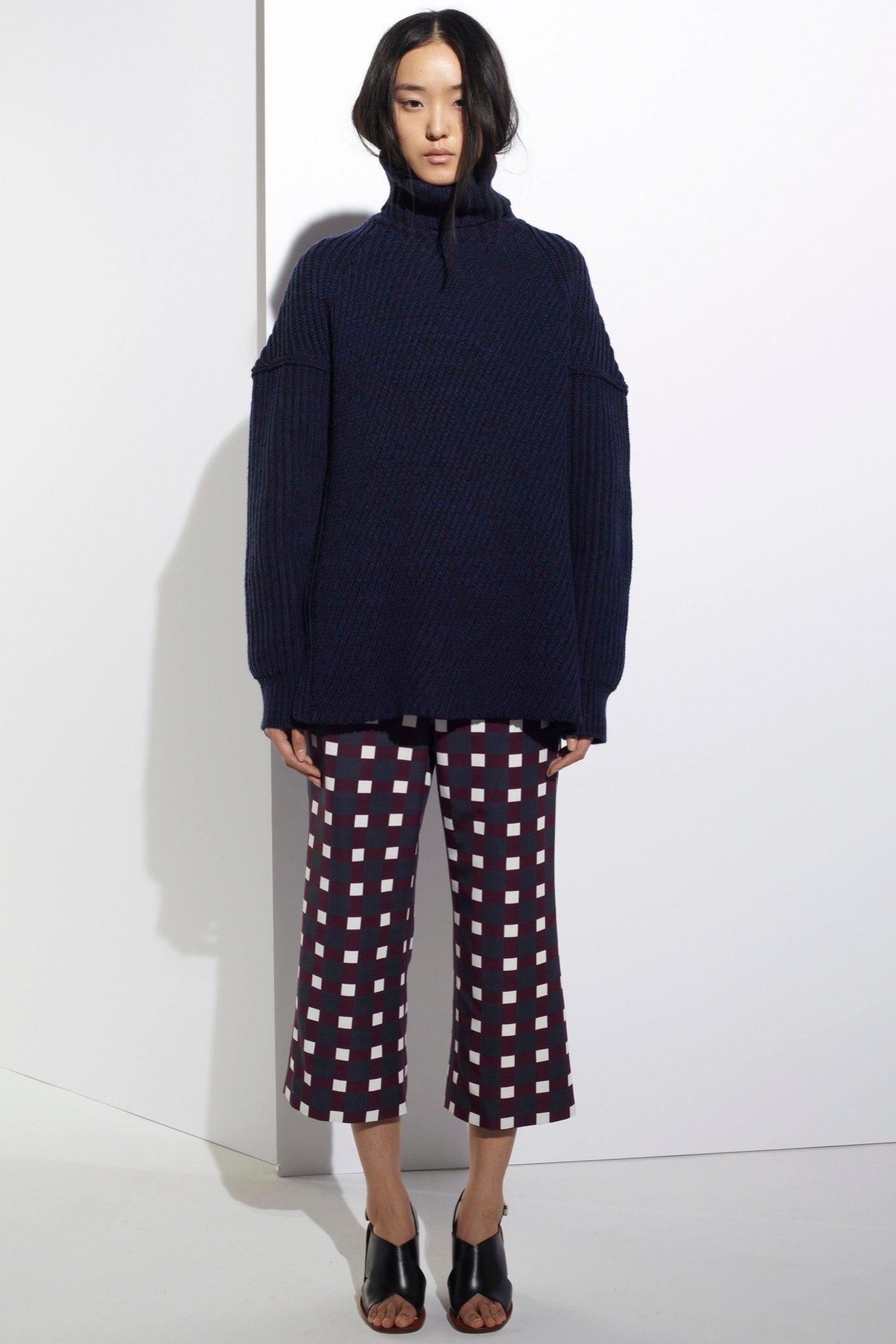 oversized blue sweater with checked pants