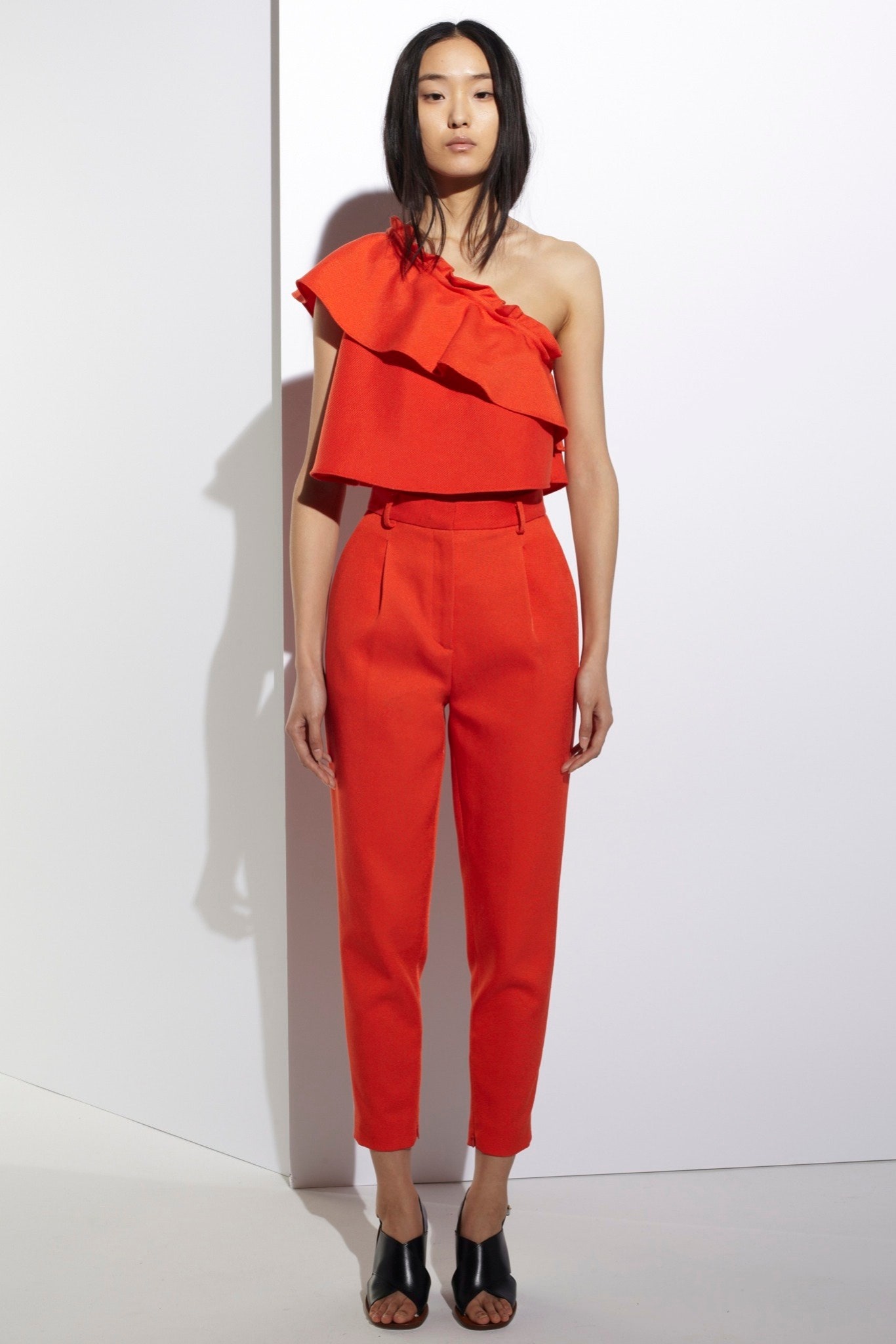red sleeveless off-shoulder fitted ruffled top