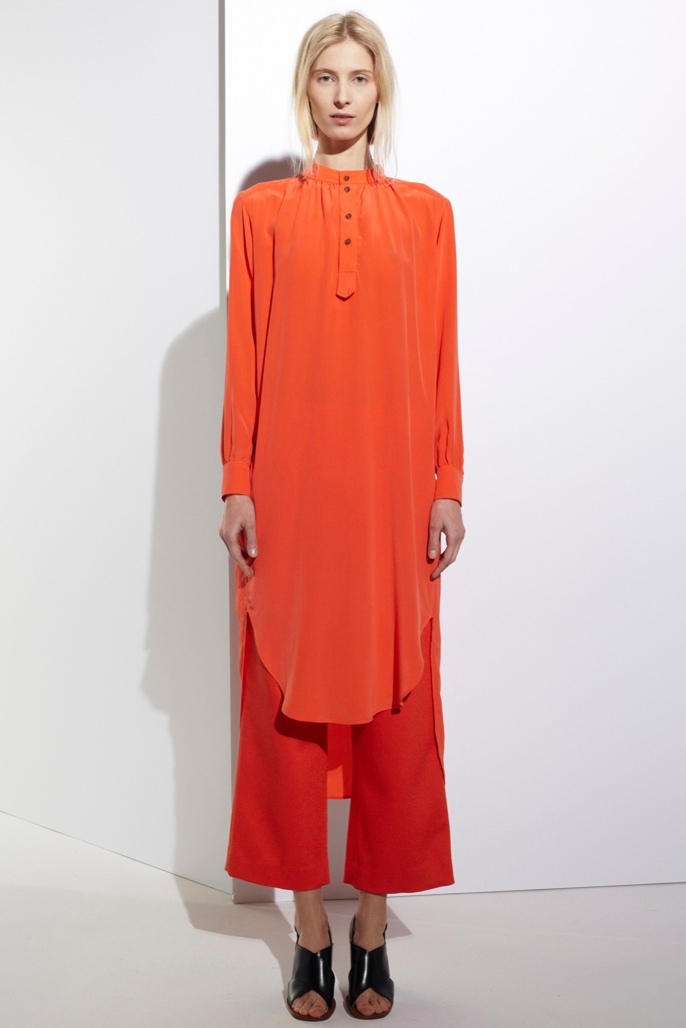 red silk long-sleeve collared relaxed flowing midi dress