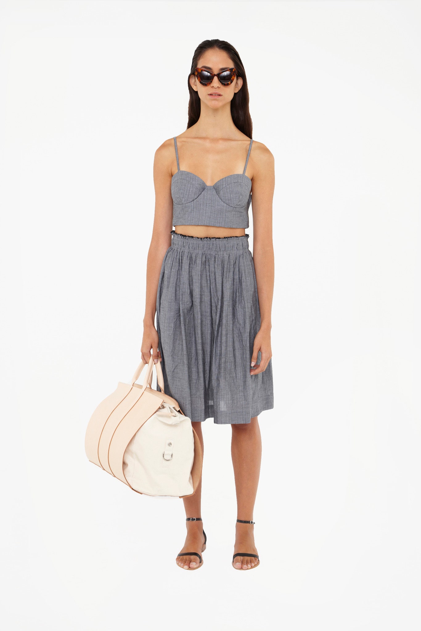 gray crop-top and pleated midi-skirt