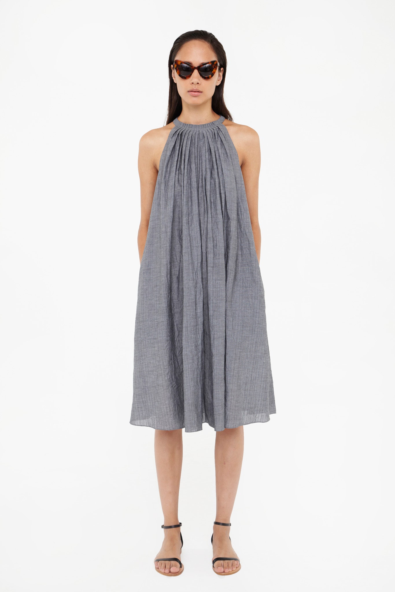 gray pleated midi dress