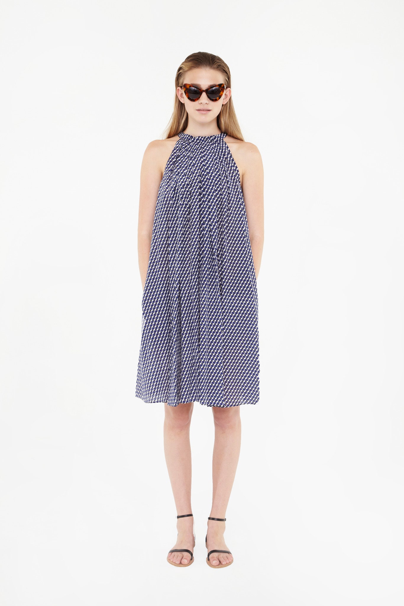 blue and white printed halter dress