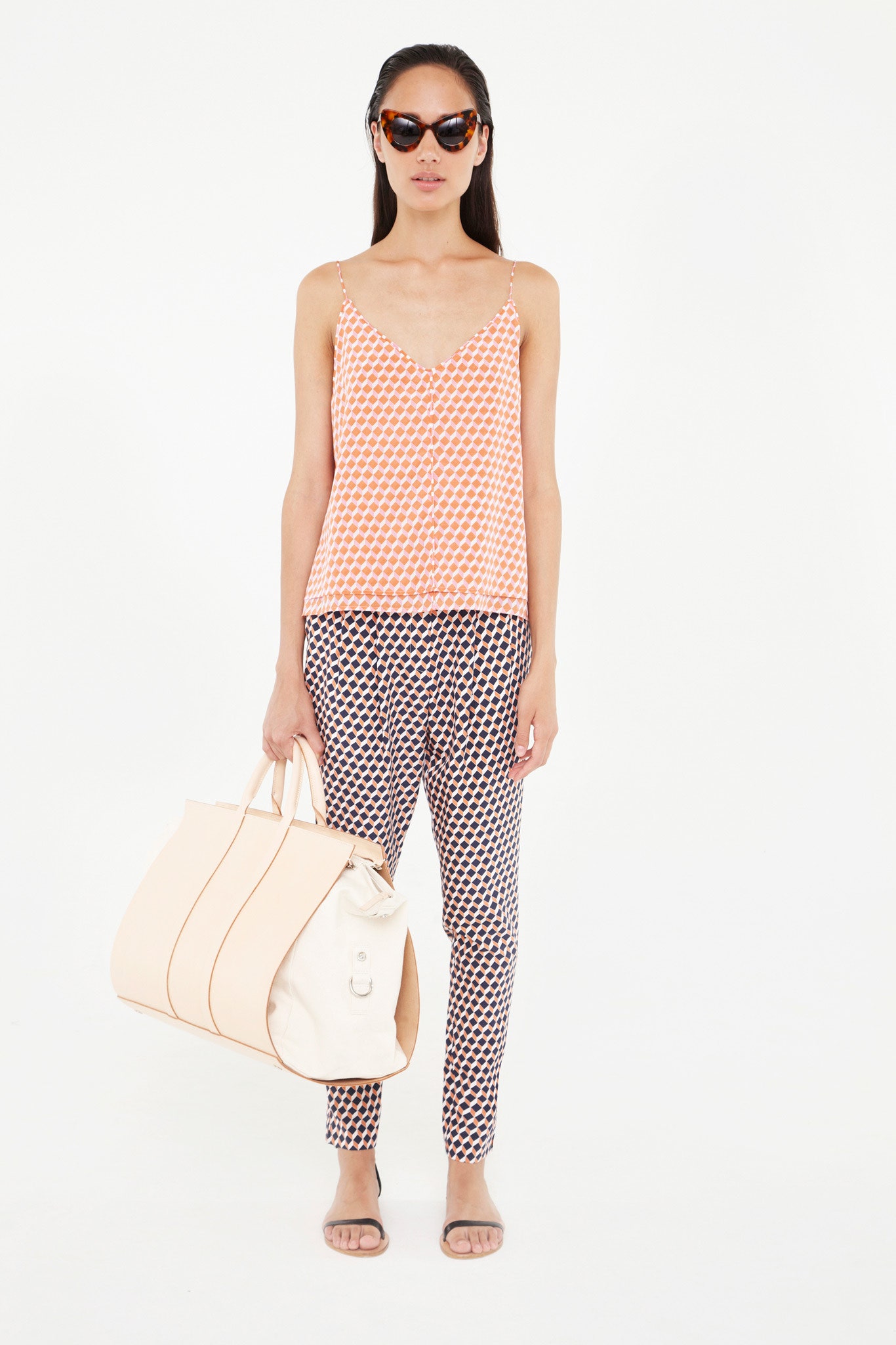 orange silk sleeveless v-neck fitted printed top