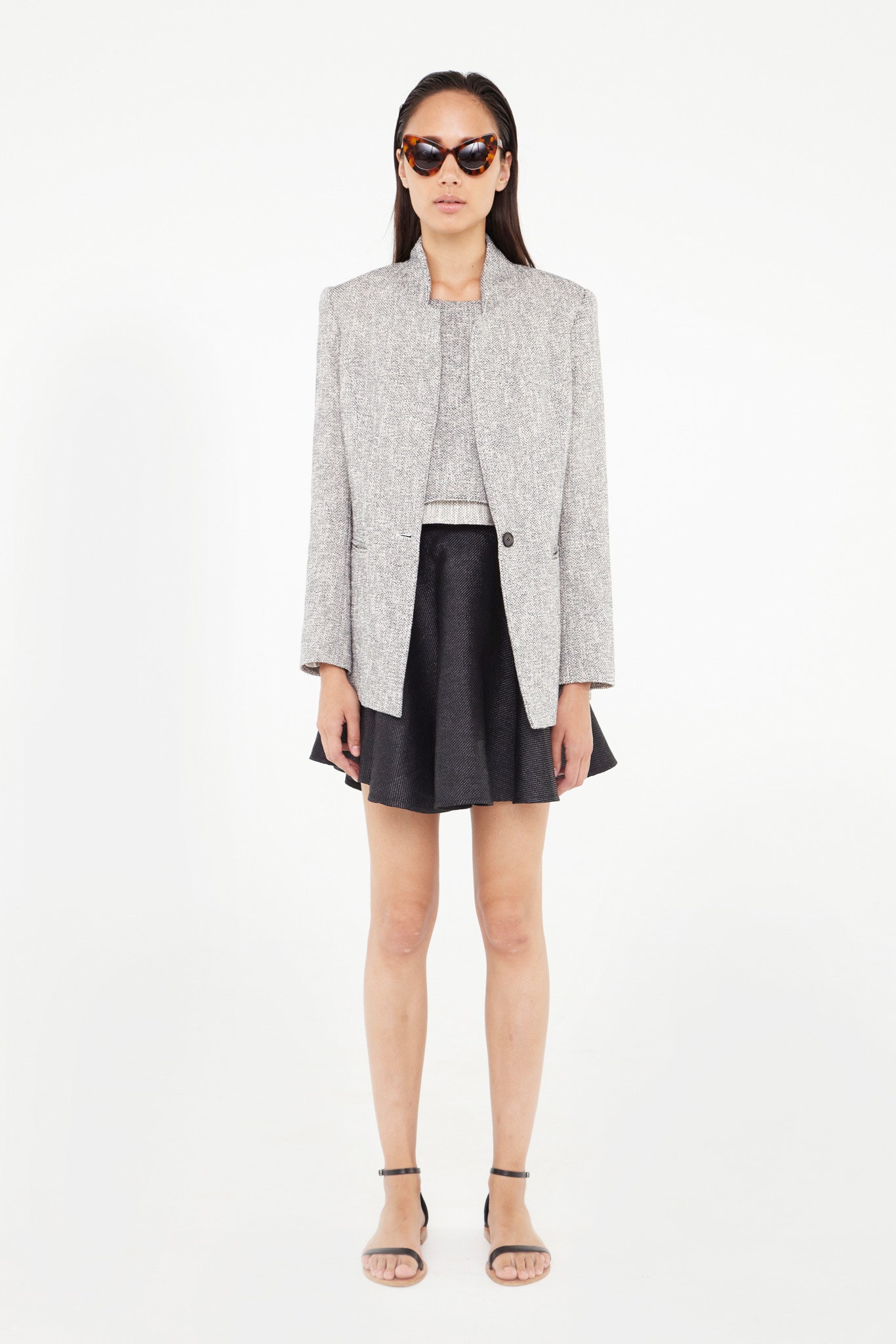 gray tweed blazer with black skirt
