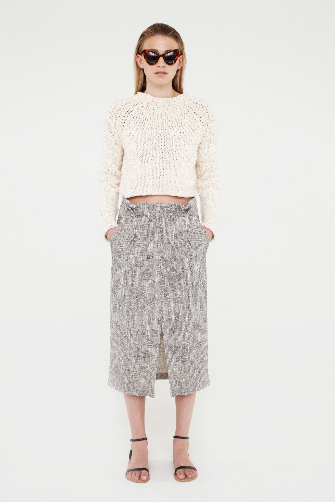 gray cotton long-sleeve slit fitted straight-leg midi skirt