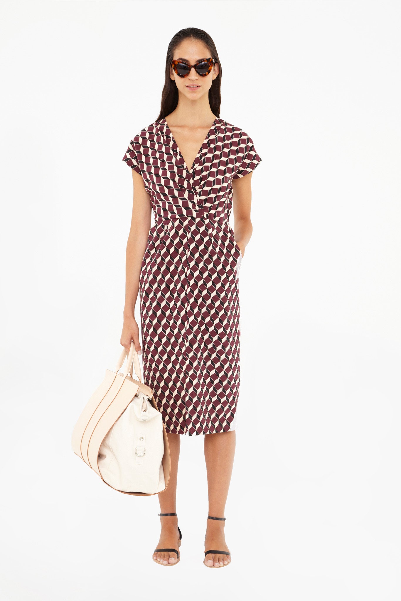 red and white printed midi dress