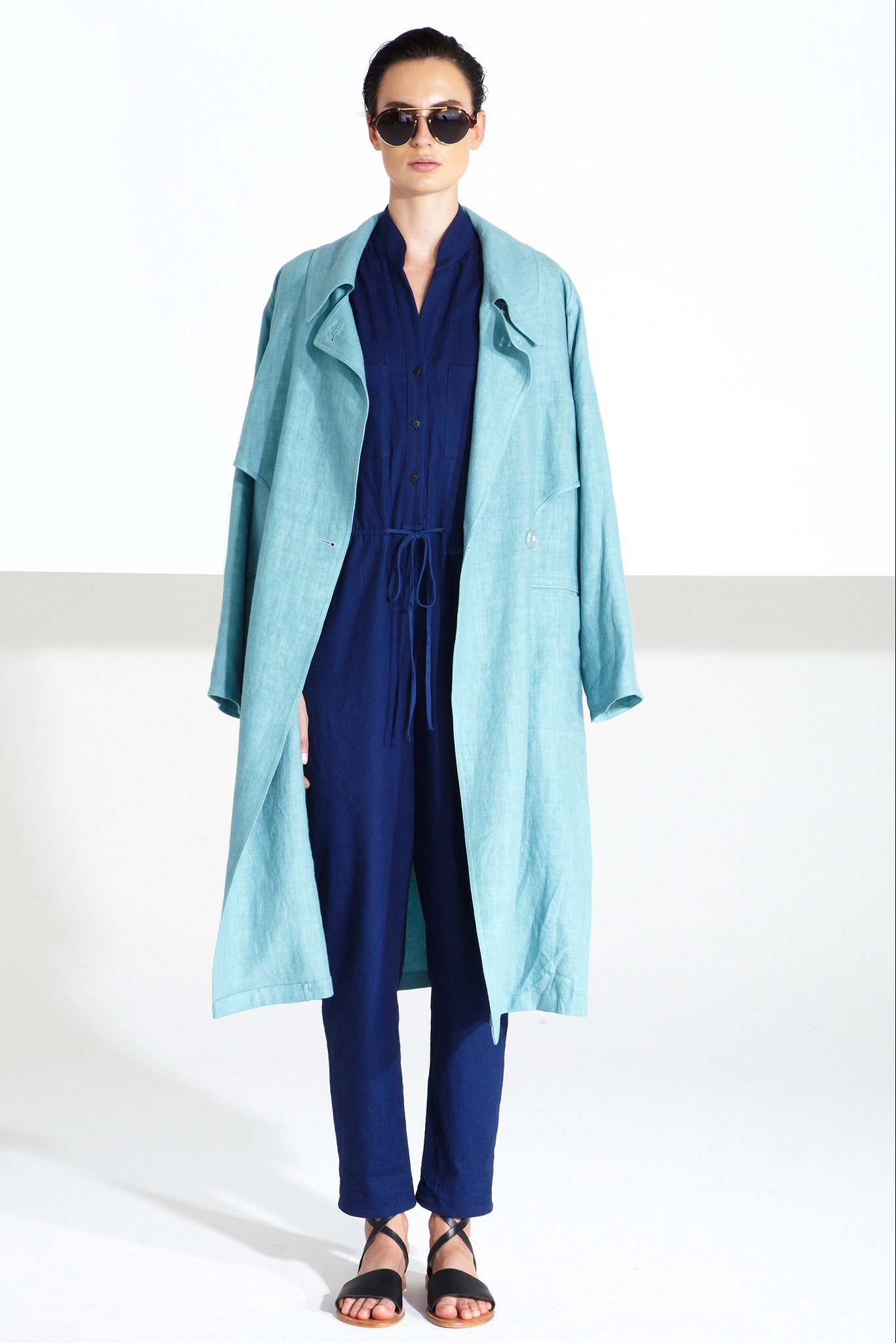 blue cotton long-sleeve collared oversized buttoned coat