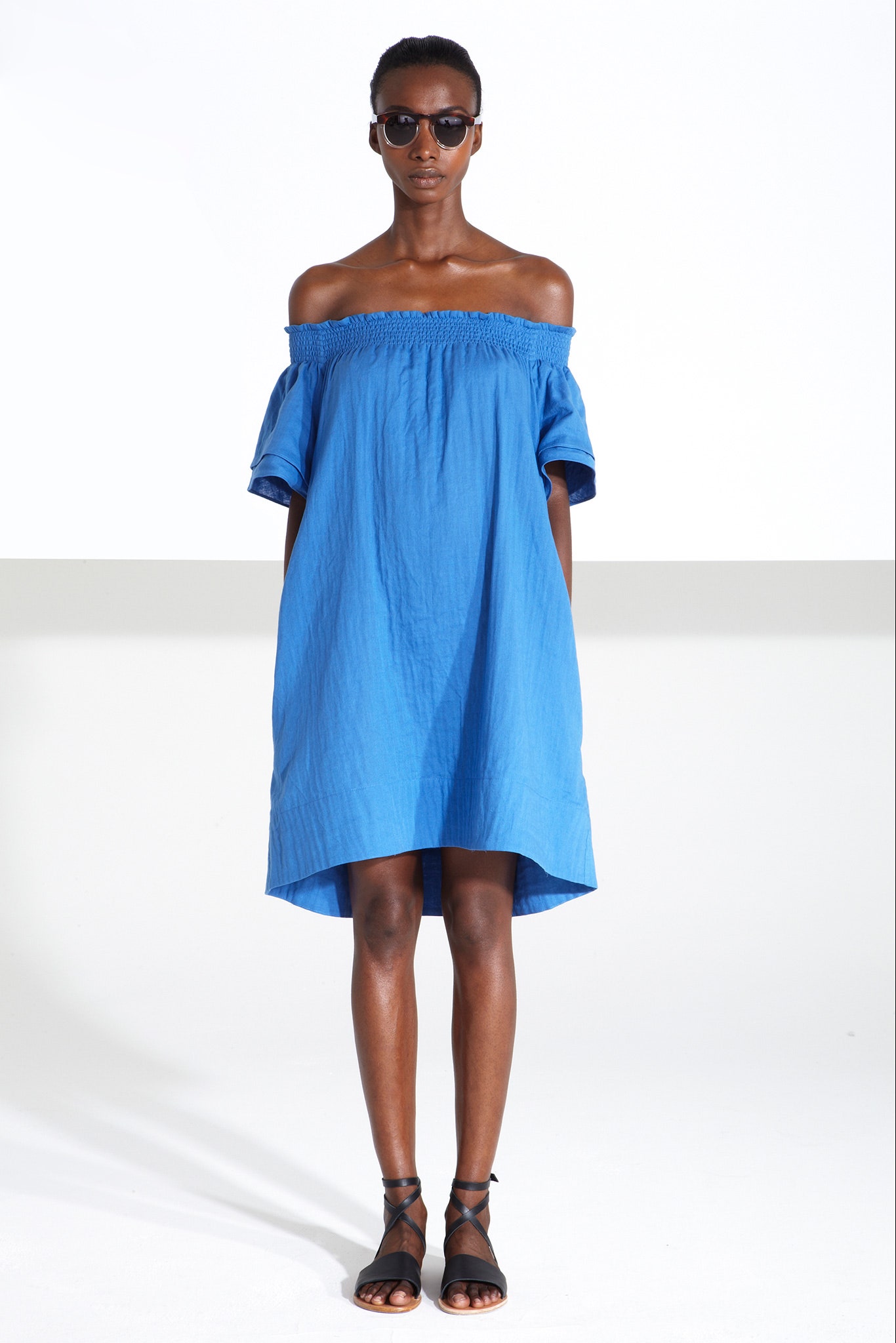 blue off-shoulder relaxed dress