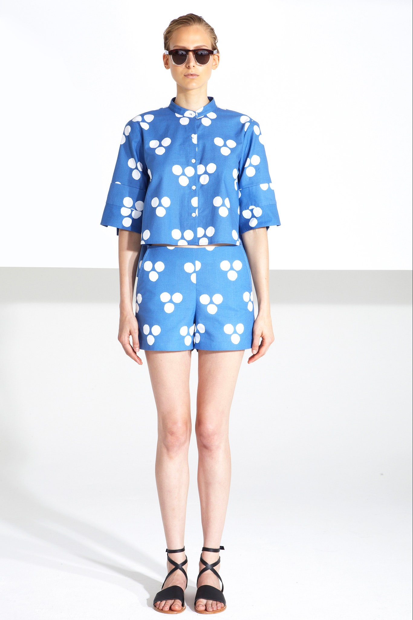blue printed top and shorts