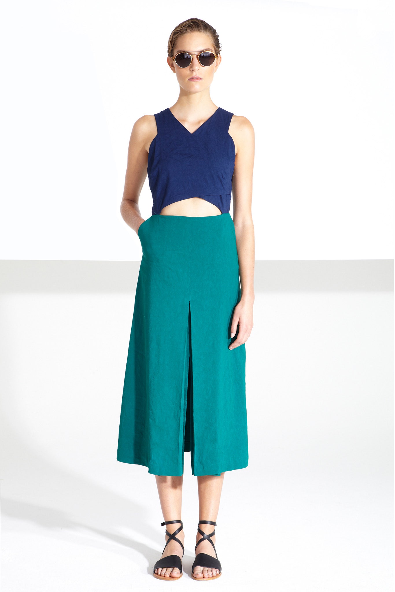 green cotton slit relaxed high-waisted midi skirt